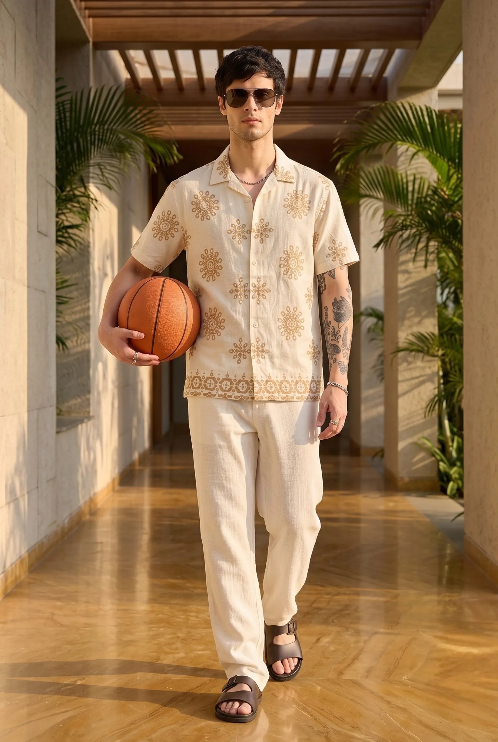Color Hunt Men's Cream Brown Printed Casual Half Sleeve Shirt