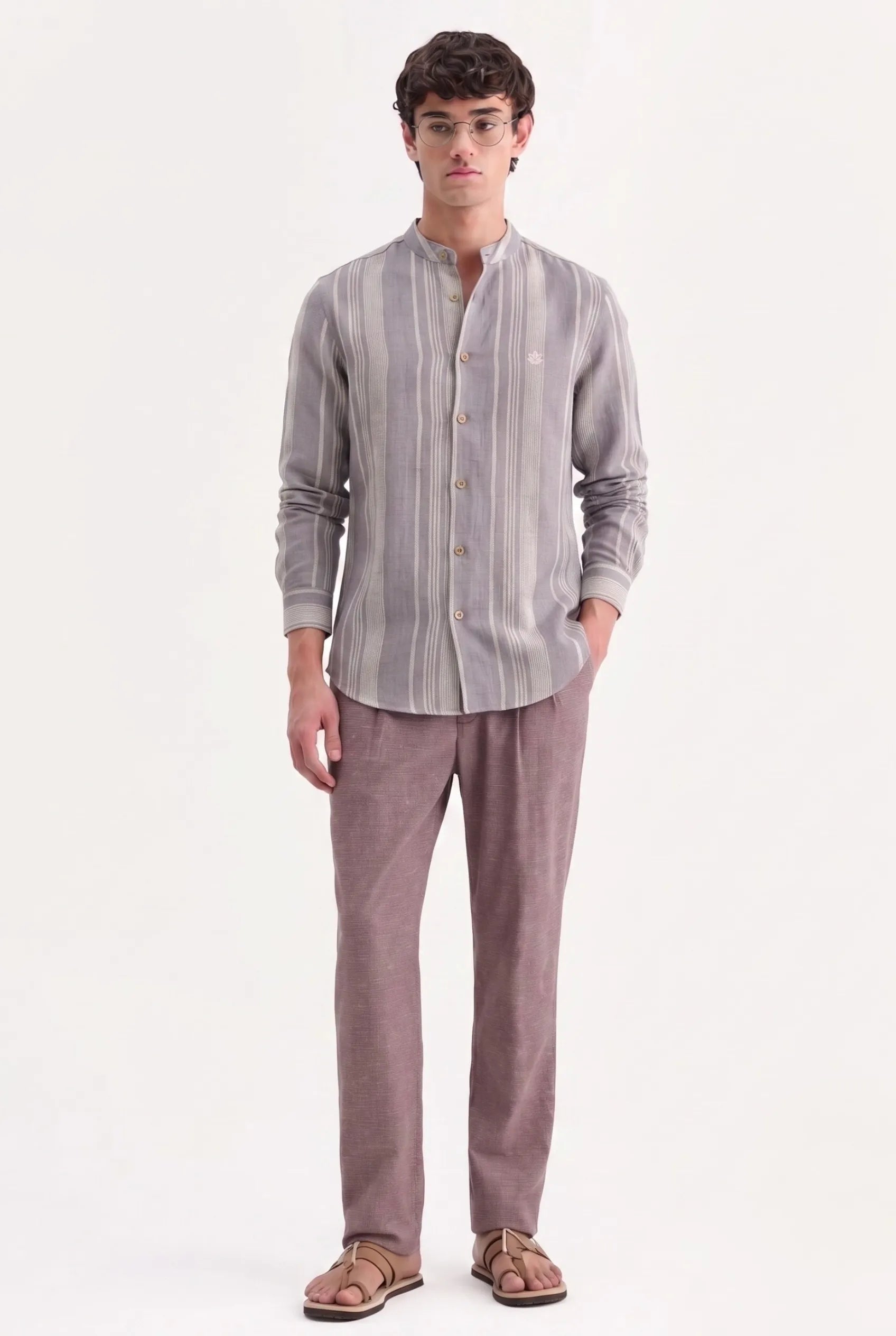 Color Hunt Men's Grey Stripe Mandarin Collar Shirt | Full Sleeve | Regular Fit