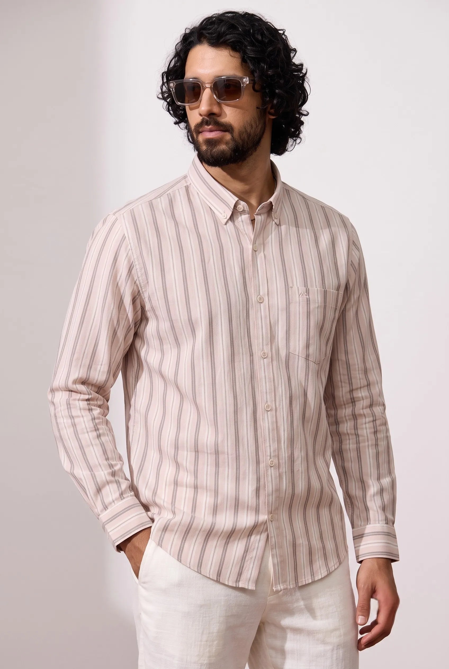COLOR HUNT Men's Premium Beige Striped Casual Shirt | Full Sleeve Regular Fit