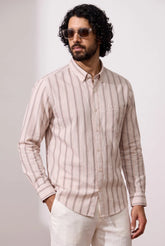 COLOR HUNT Men's Premium Beige Striped Casual Shirt | Full Sleeve Regular Fit