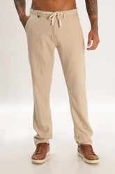 Color Hunt Men's Beige Full Length Tappered Fit Linen Trouser