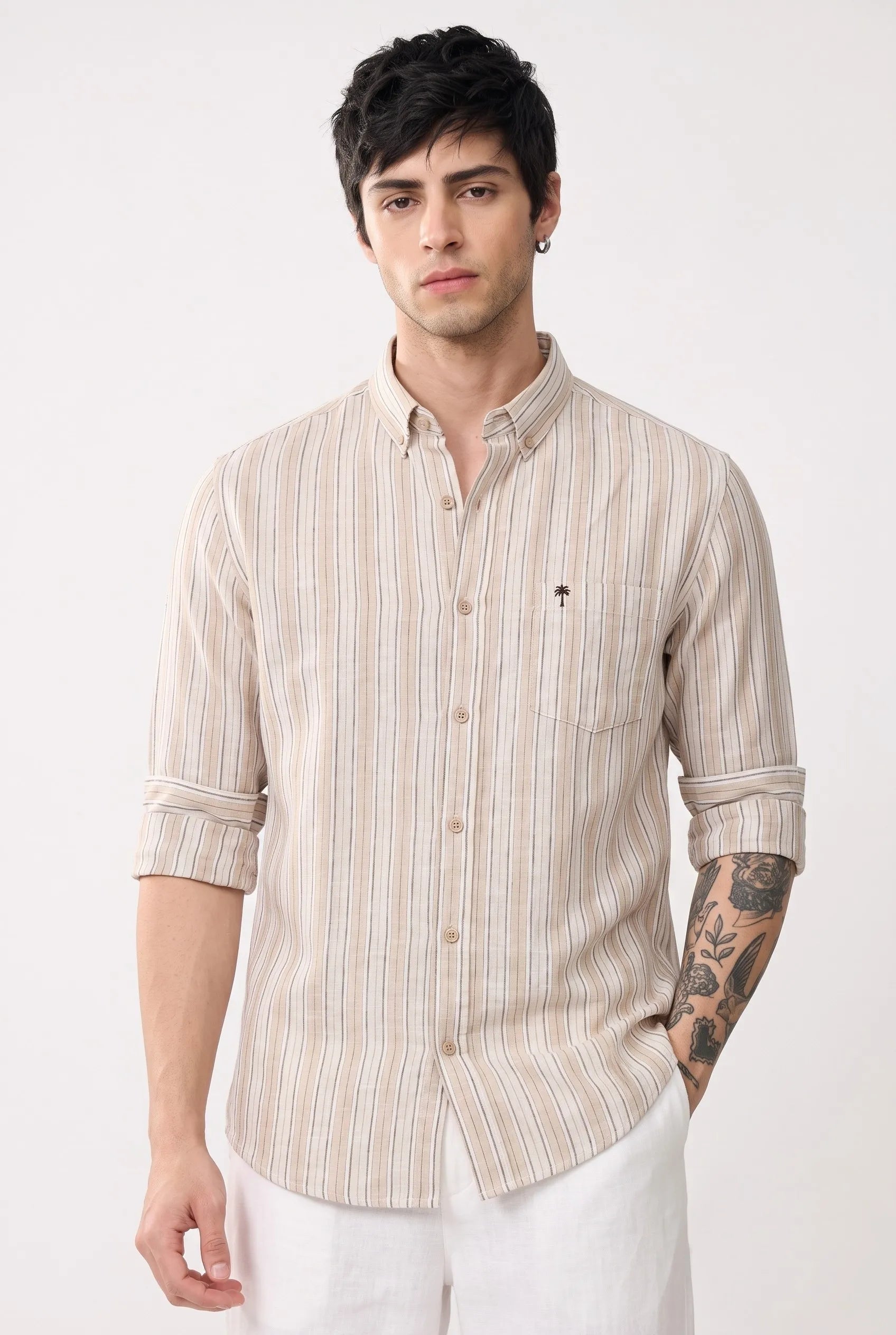 COLOR HUNT Men's Cream & Beige Vertical Stripe Shirt | Regular Fit Casual Wear