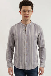COLOR HUNT Men's Ash Grey Vertical Stripe Shirt | Full Sleeve Mandarin Collor