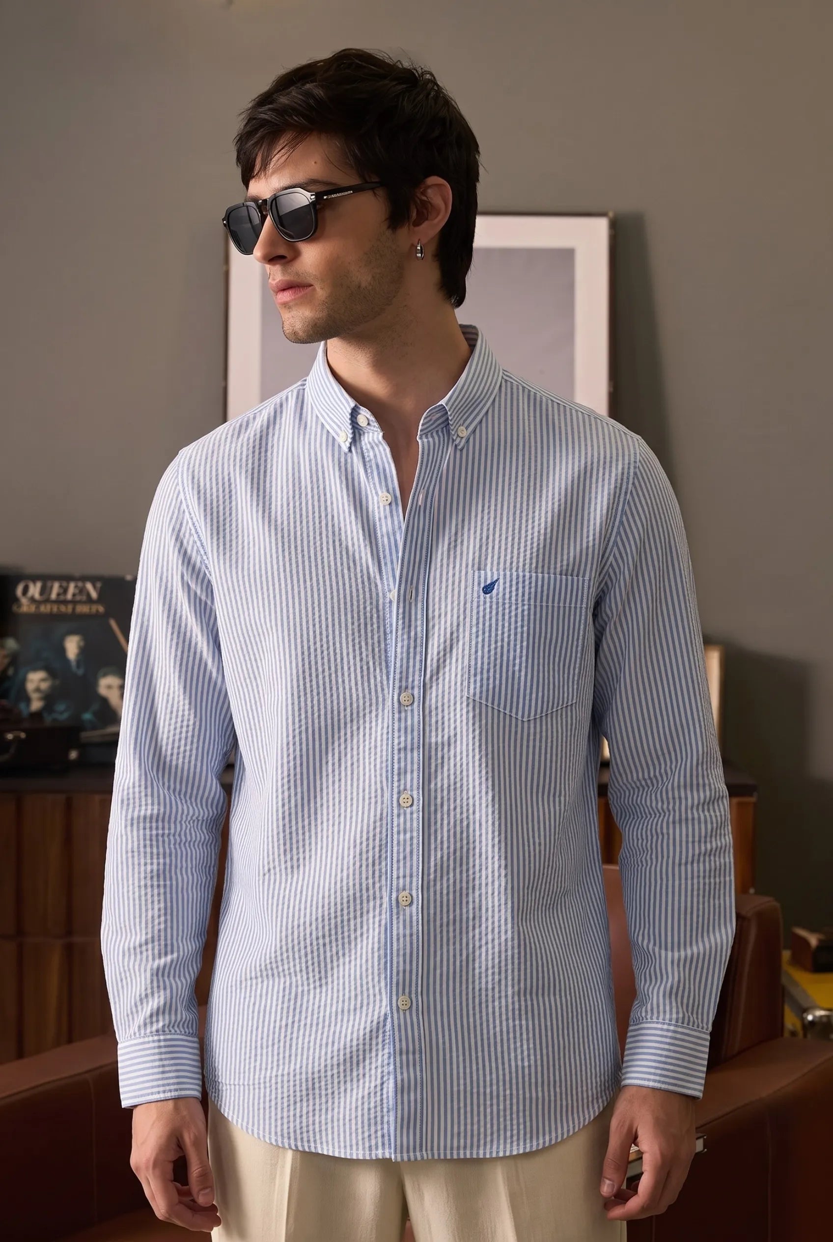 Color Hunt Men's Sky Blue Striped Cotton Casual Shirt