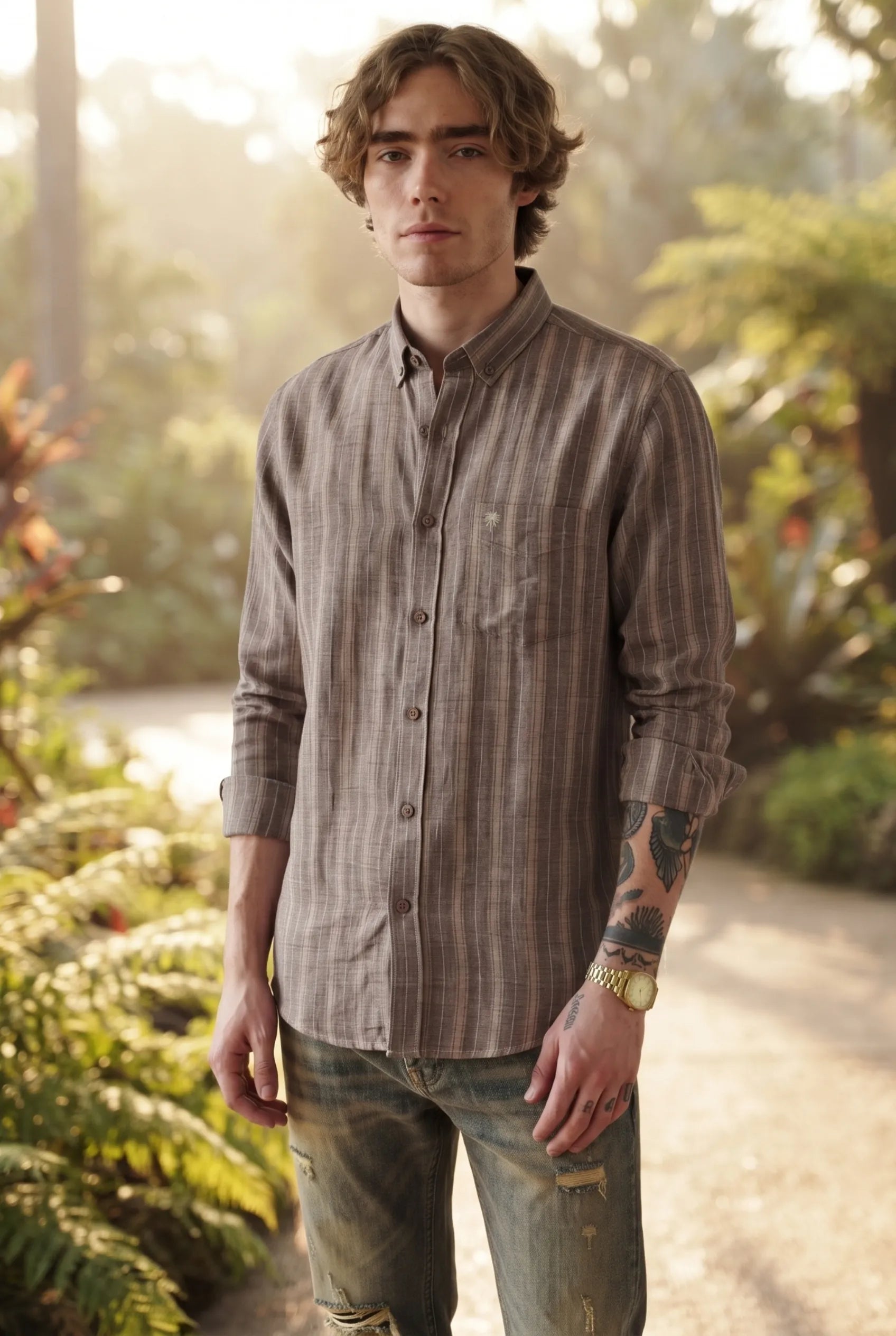 Color Hunt Men's Full Sleeve Brown Striped Cotton Shirt