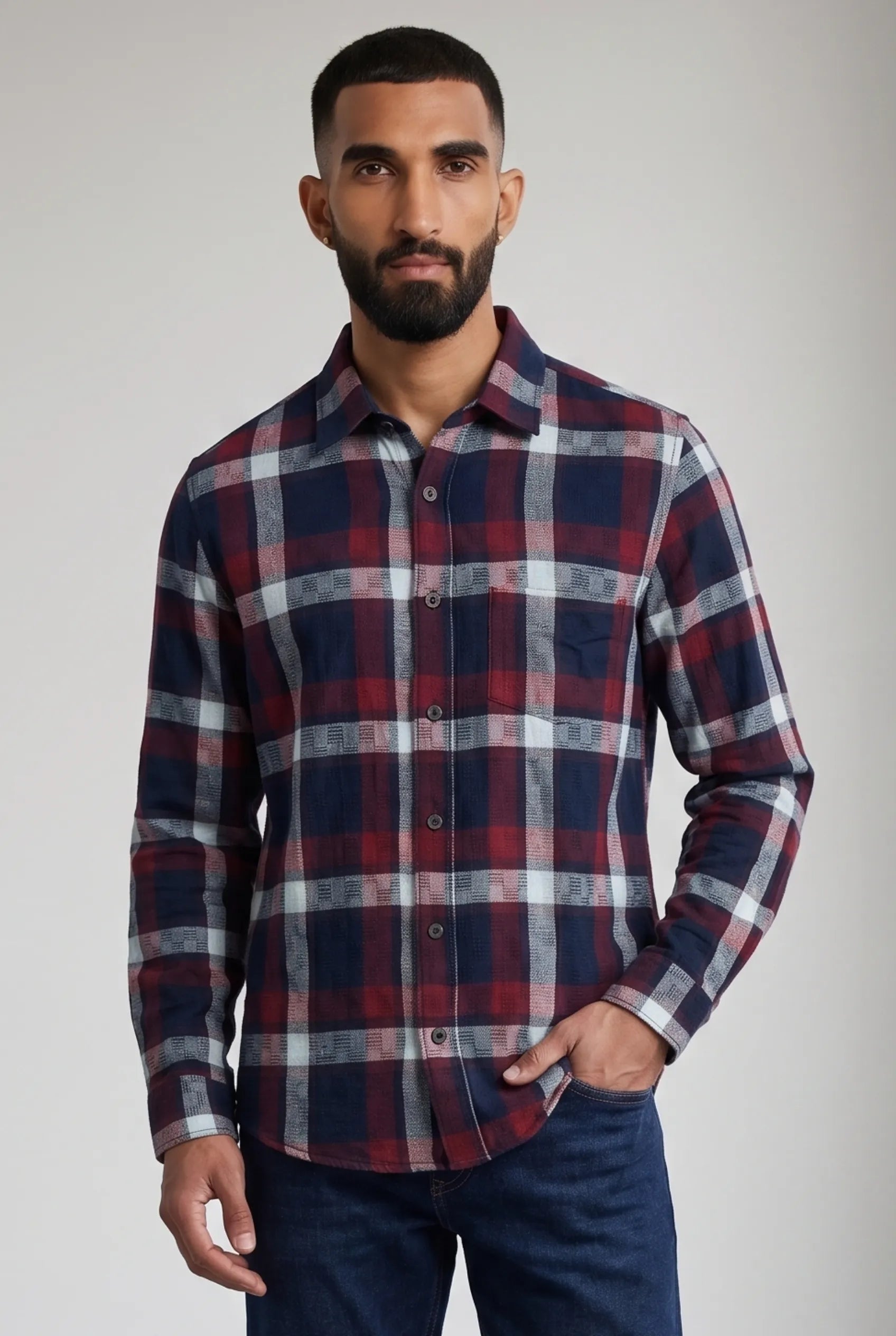 Color Hunt Men's Navy Maroon Checkered Casual Shirt