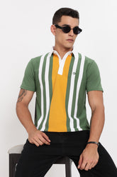 Color Hunt Men's Orange Striped Slim Fit Polo T-Shirt