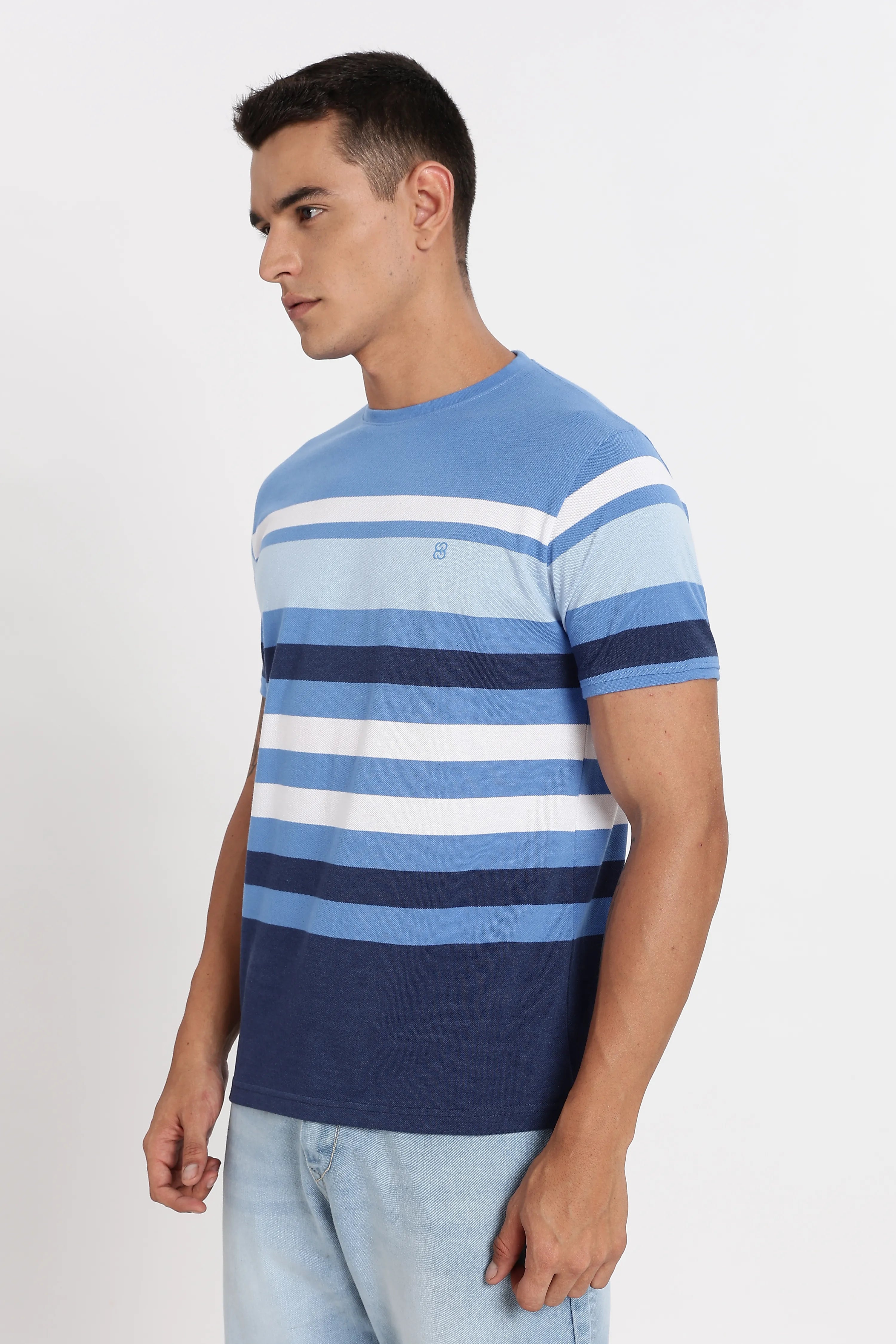 Color Hunt Men's Blue Striped Slim Fit Half Sleeve T-Shirt