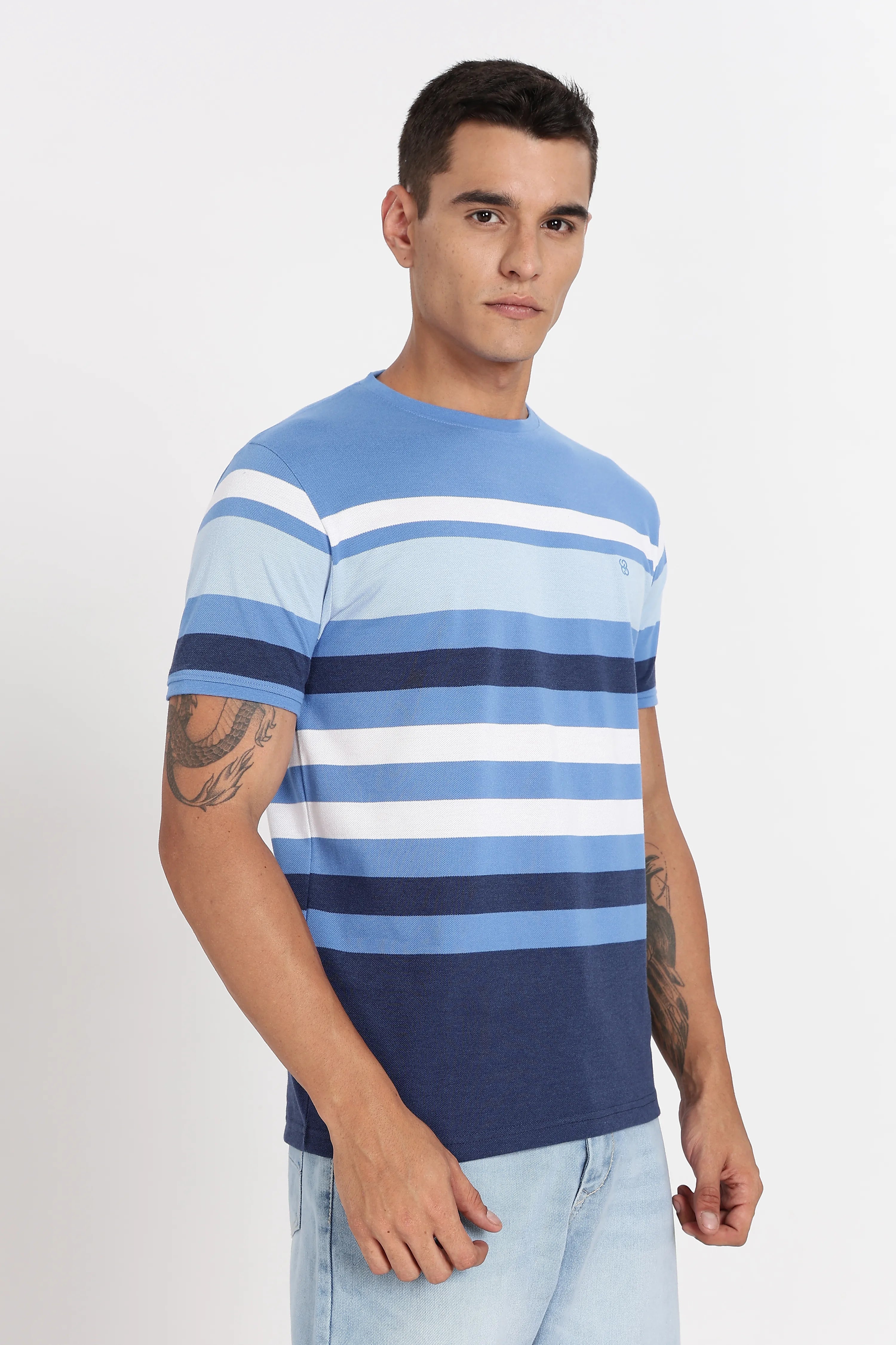 Color Hunt Men's Blue Striped Slim Fit Half Sleeve T-Shirt