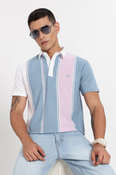 Color Hunt Men's Sky Blue Striped Slim Fit Polo Tshirt
