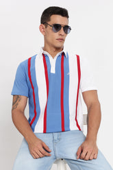 Color Hunt Men's Blue Striped Slim Fit Polo T-Shirt