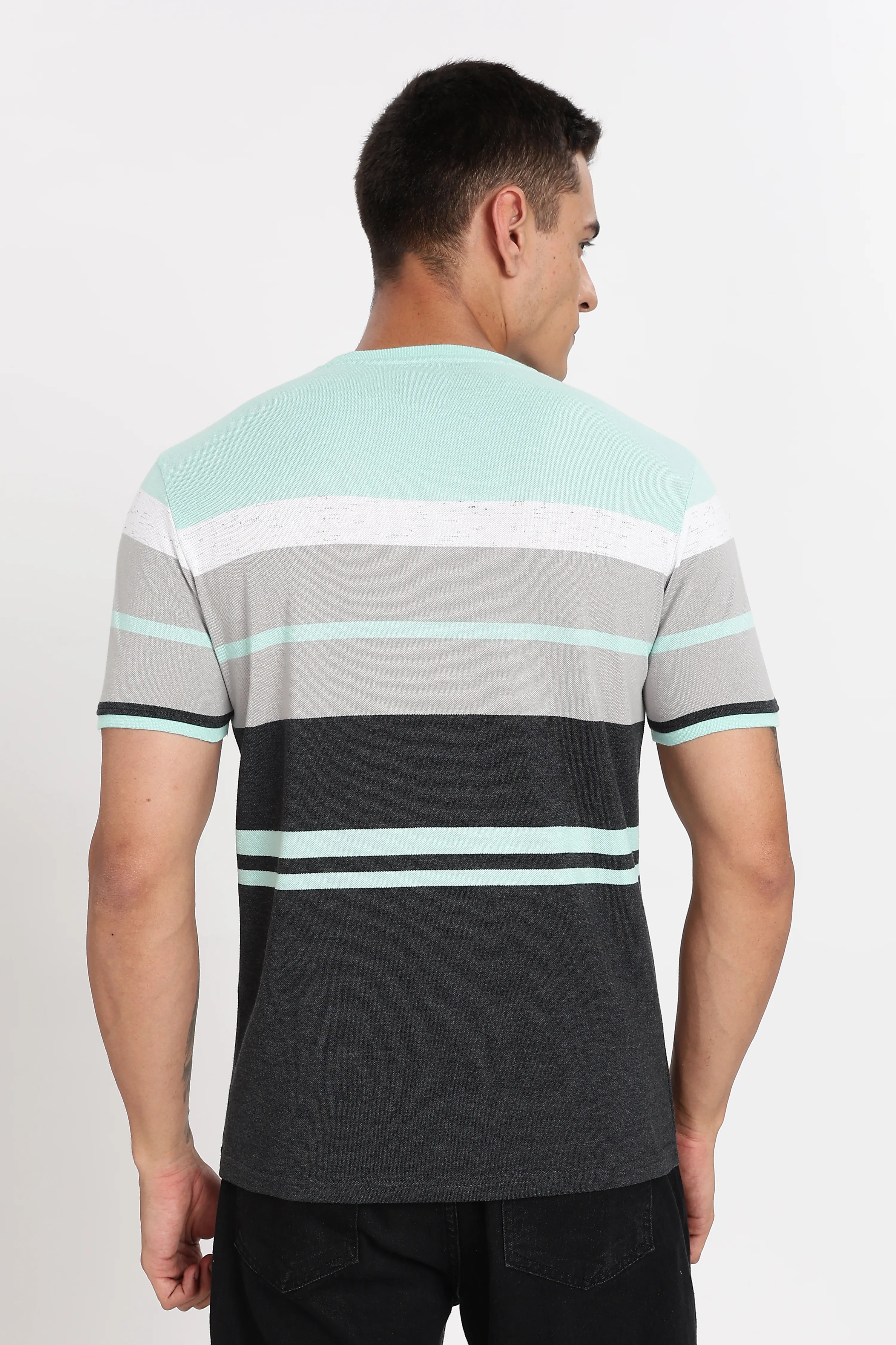 Color Hunt Men's Mint & Grey Striped Slim Fit T-Shirt