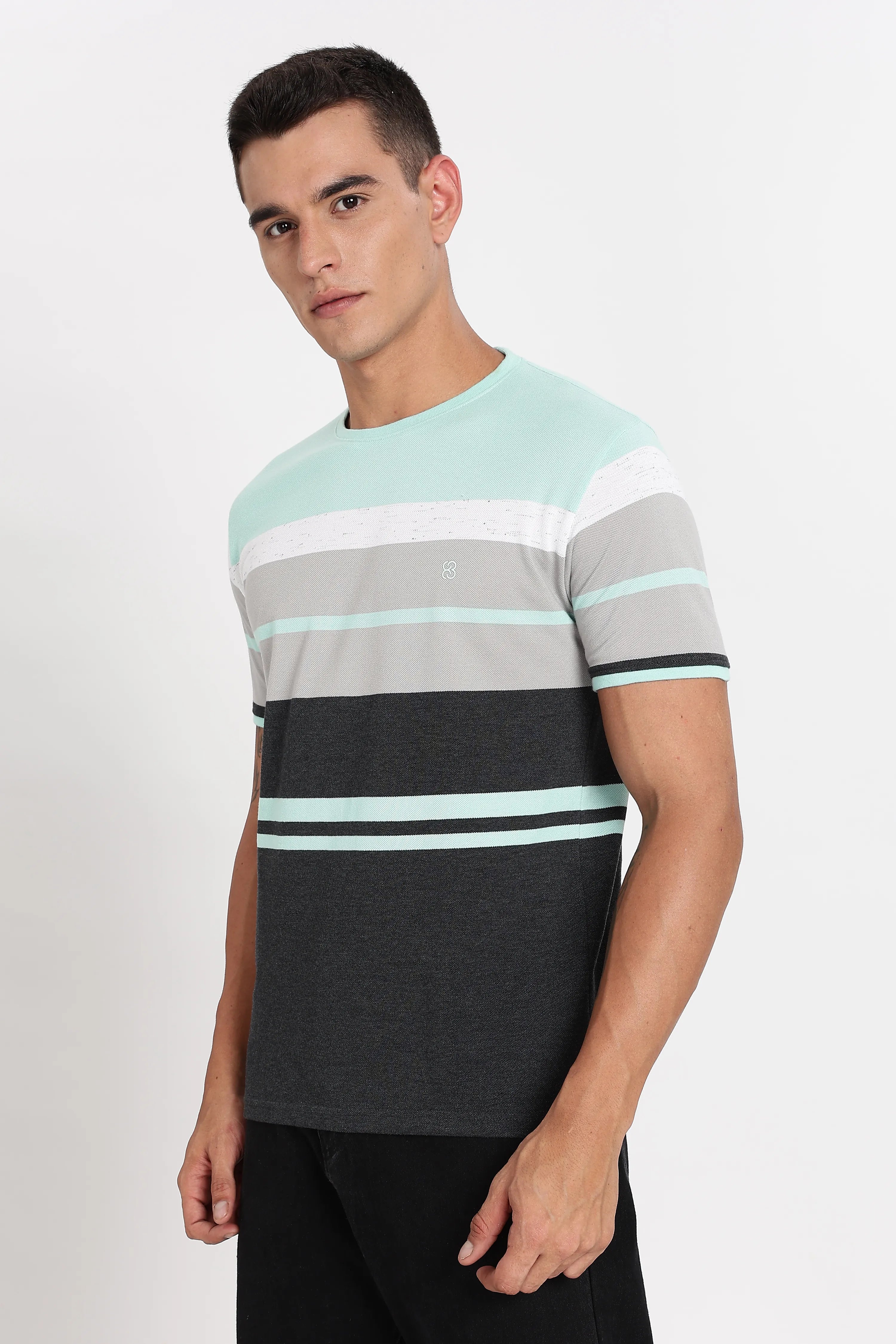 Color Hunt Men's Mint & Grey Striped Slim Fit T-Shirt