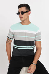Color Hunt Men's Mint & Grey Striped Slim Fit T-Shirt