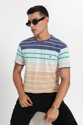 Color Hunt Men's Navy & Beige Striped Slim Fit T-Shirt