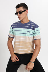 Color Hunt Men's Navy:Beige Striper Poly Cotton Slim Fit T-Shirt