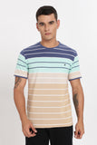 Color Hunt Men's Navy:Beige Striper Poly Cotton Slim Fit T-Shirt