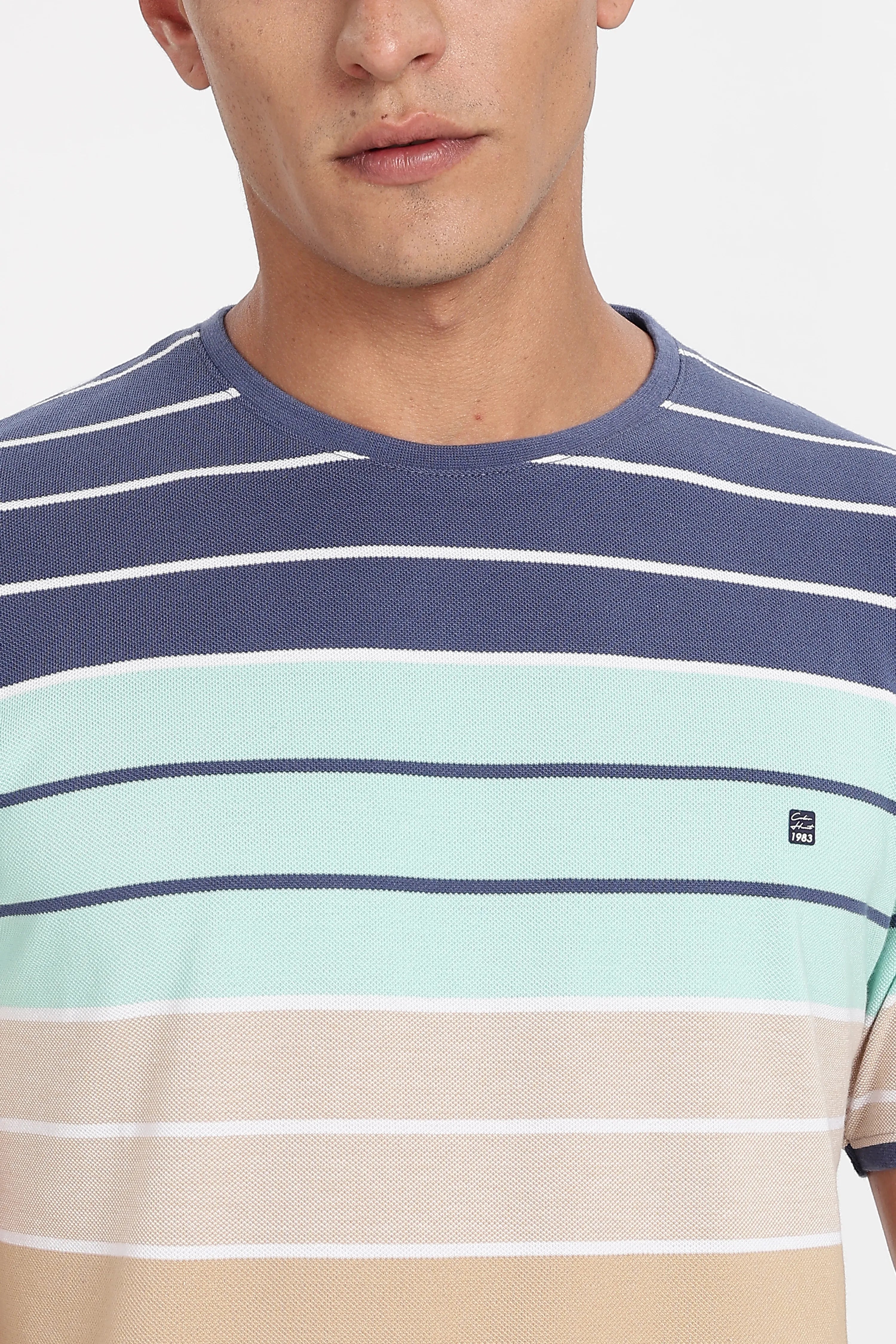 Color Hunt Men's Navy & Beige Striped Slim Fit T-Shirt
