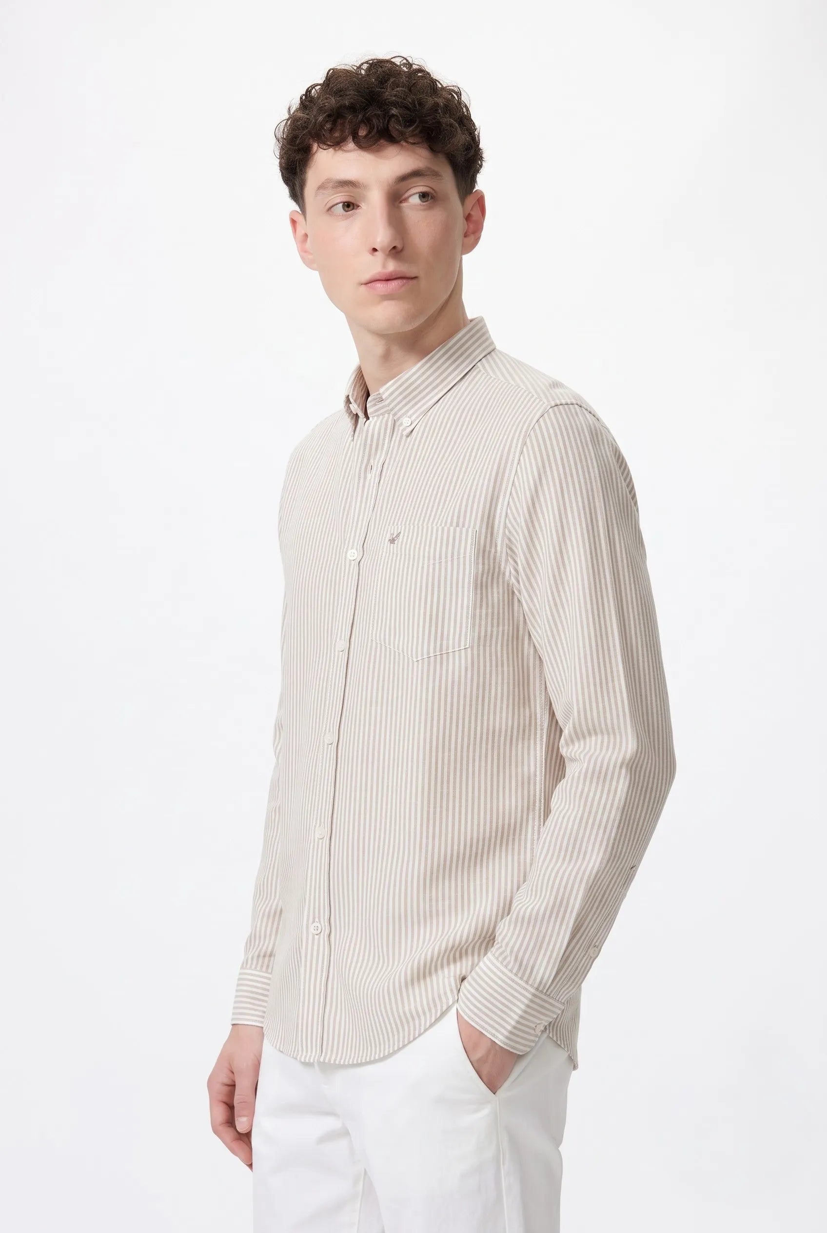 COLOR HUNT Men's Beige Vertical Stripe Casual Shirt | Full Sleeve Regular Fit