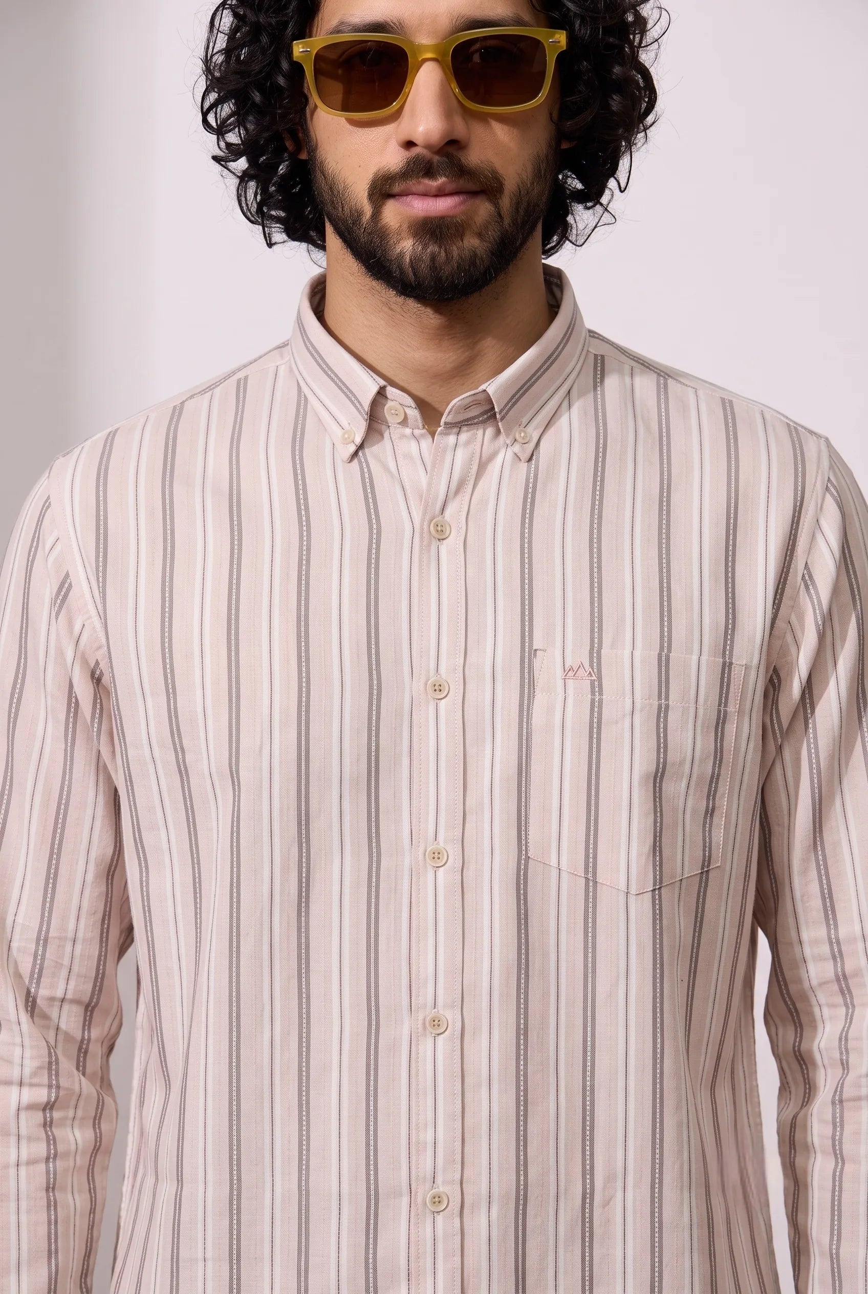 COLOR HUNT Men's Premium Beige Striped Casual Shirt | Full Sleeve Regular Fit