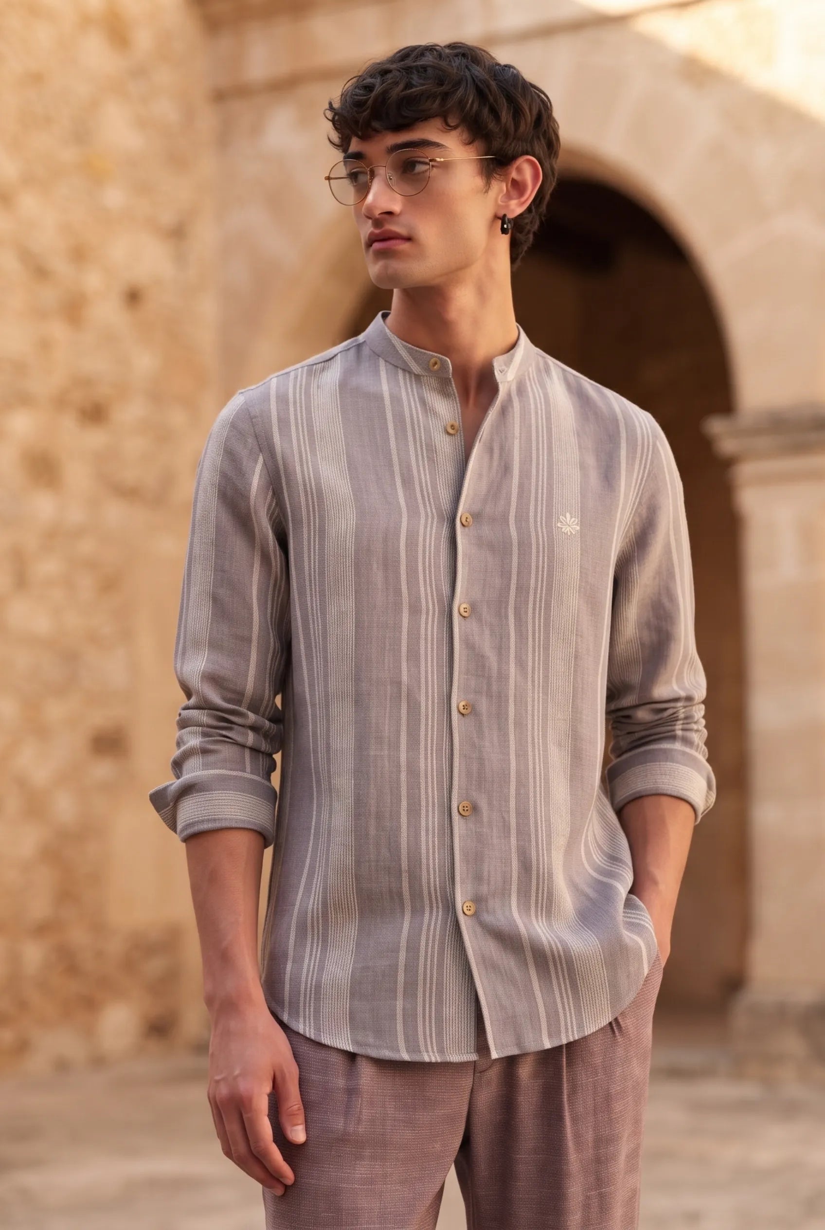 Color Hunt Men's Grey Stripe Mandarin Collar Shirt | Full Sleeve | Regular Fit