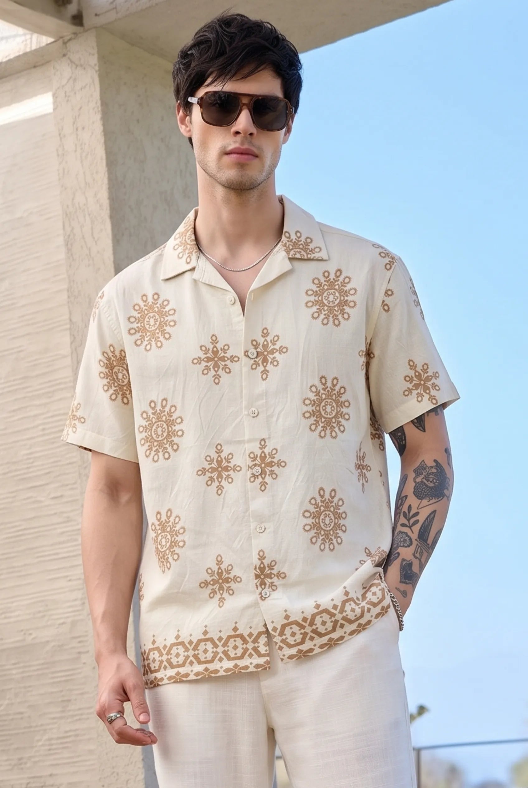 Color Hunt Men's Cream Brown Printed Casual Half Sleeve Shirt