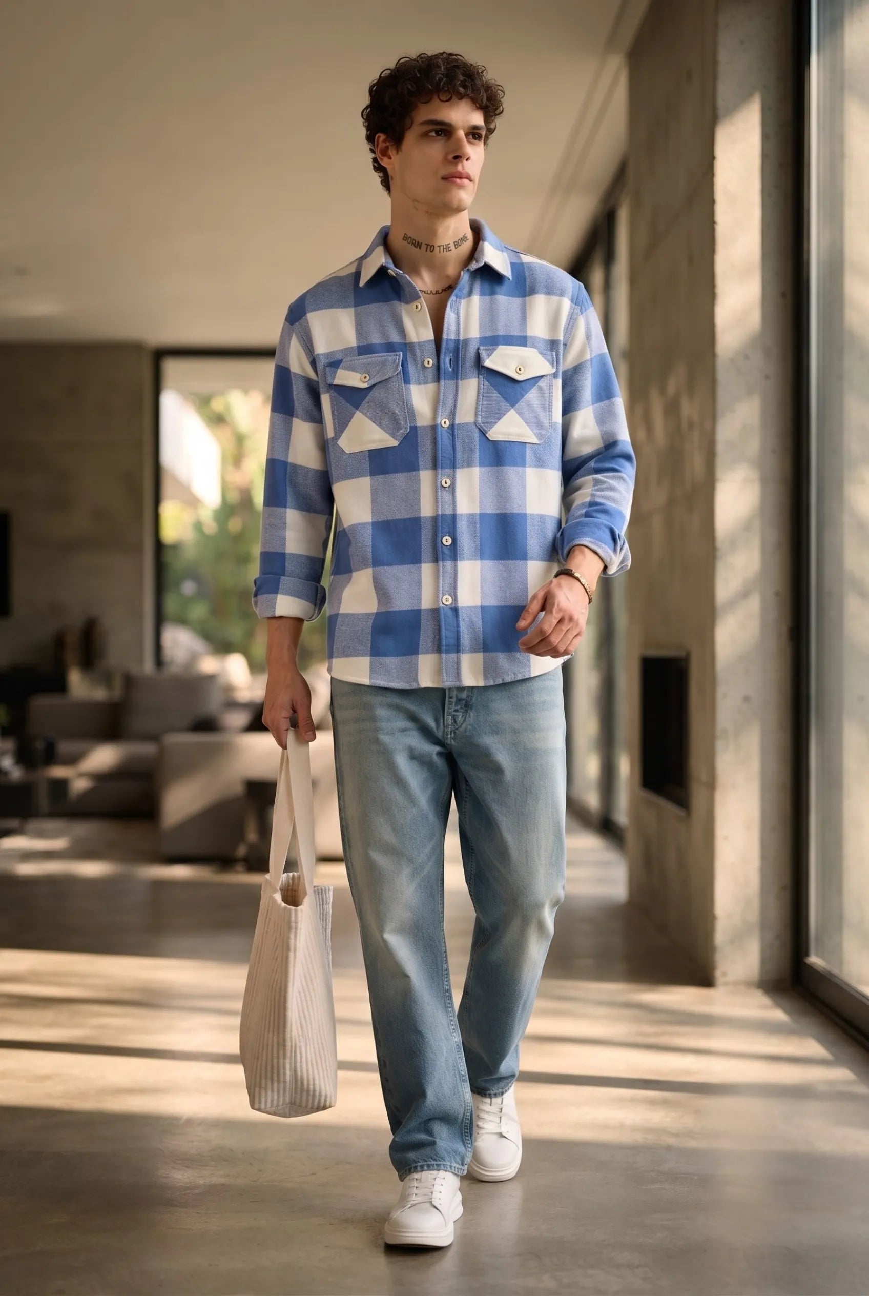 COLOR HUNT Men's Regular Fit Blue Check Casual Cotton Shirt