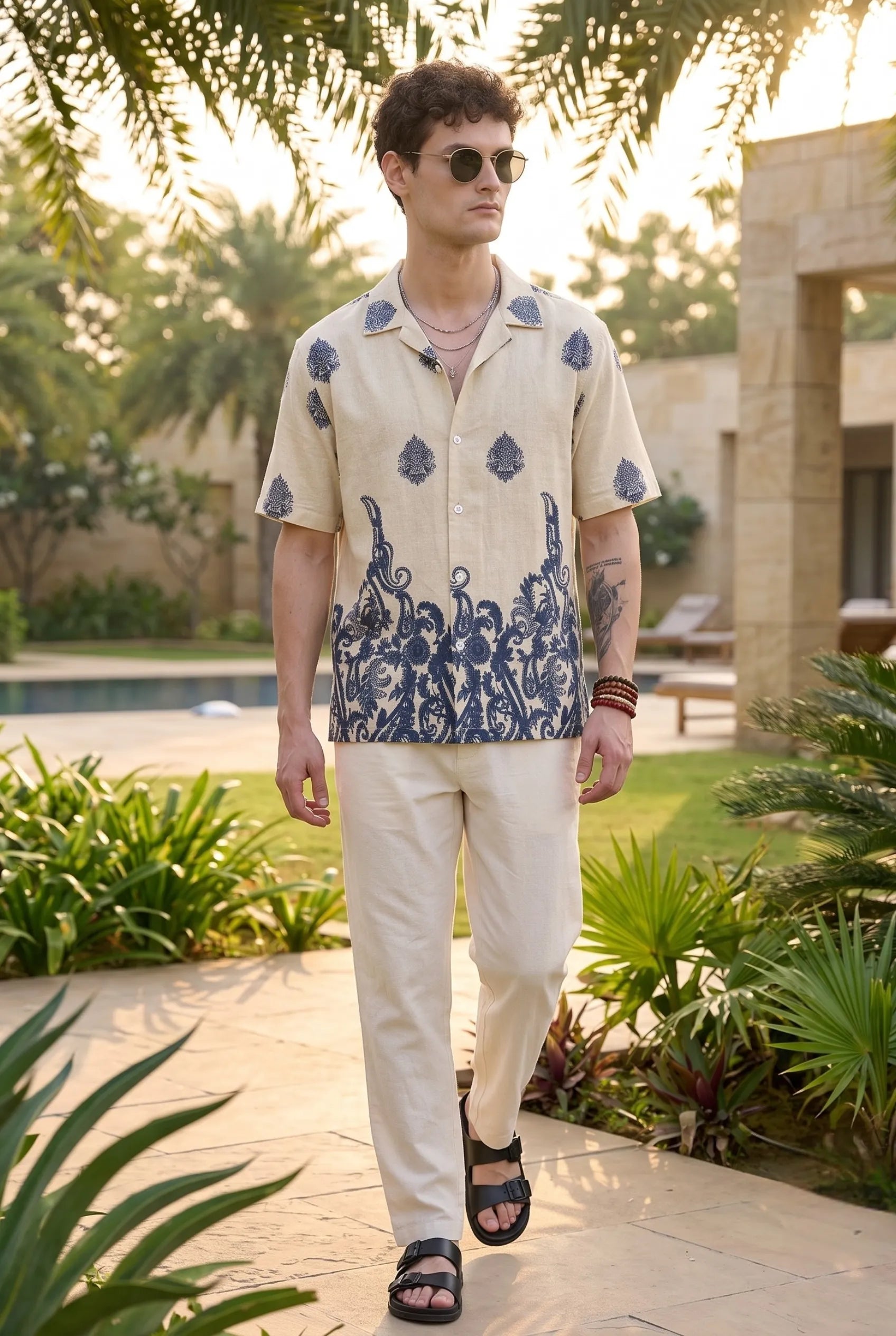 Color Hunt Men's Off White Navy Blue Printed Casual Half Sleeve Shirt
