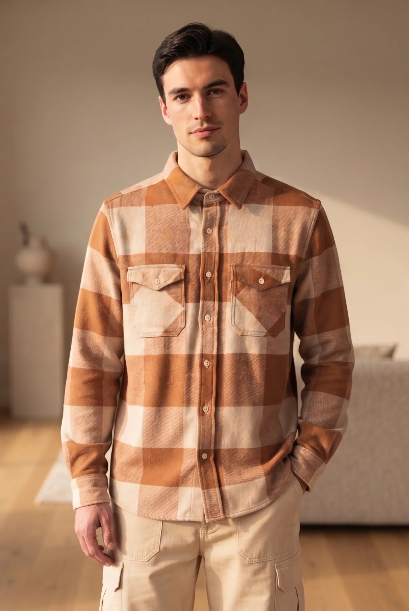 COLOR HUNT Men's Regular Fit Brown Check Casual Cotton Shirt