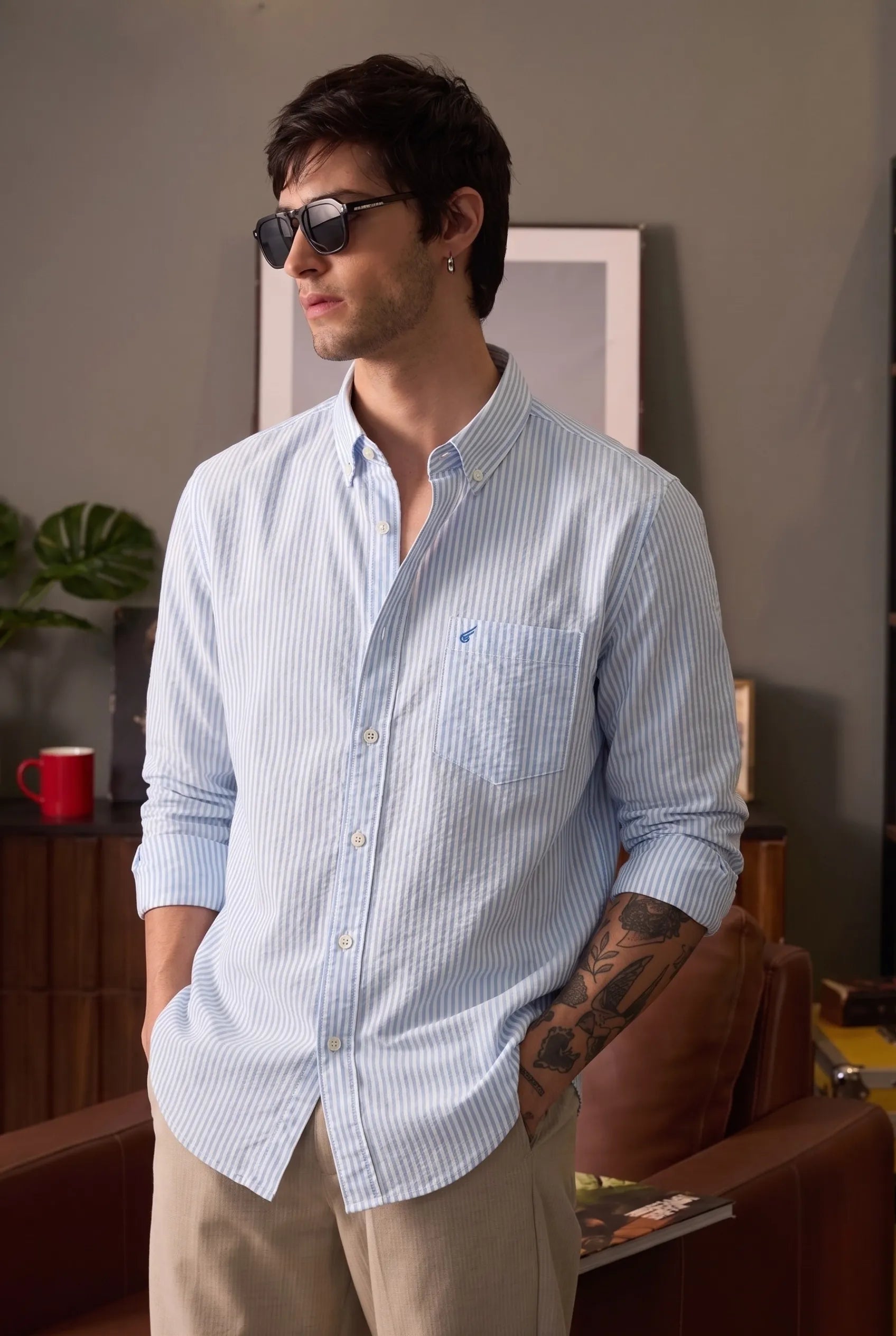Color Hunt Men's Sky Blue Striped Cotton Casual Shirt