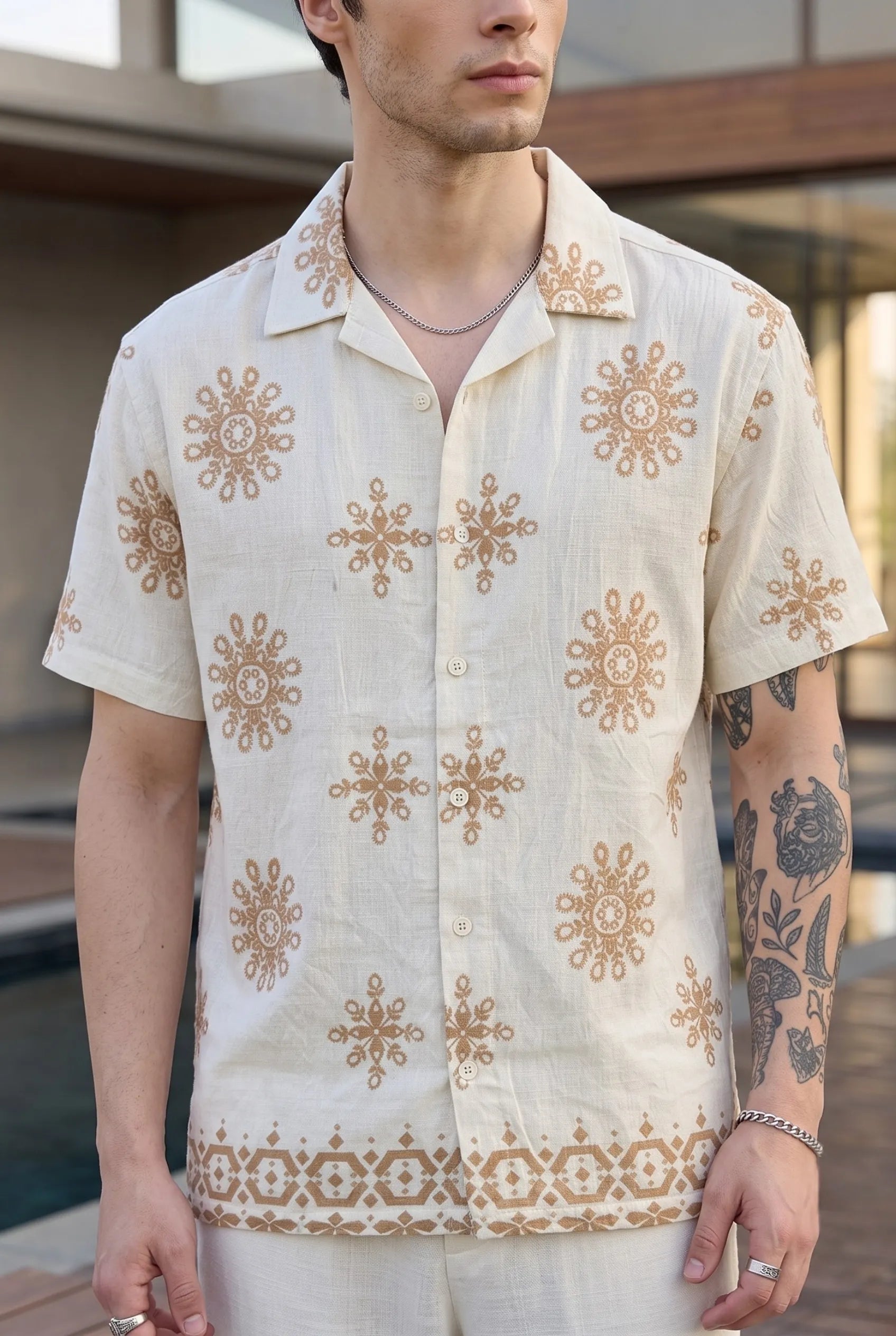 Color Hunt Men's Cream Brown Printed Casual Half Sleeve Shirt