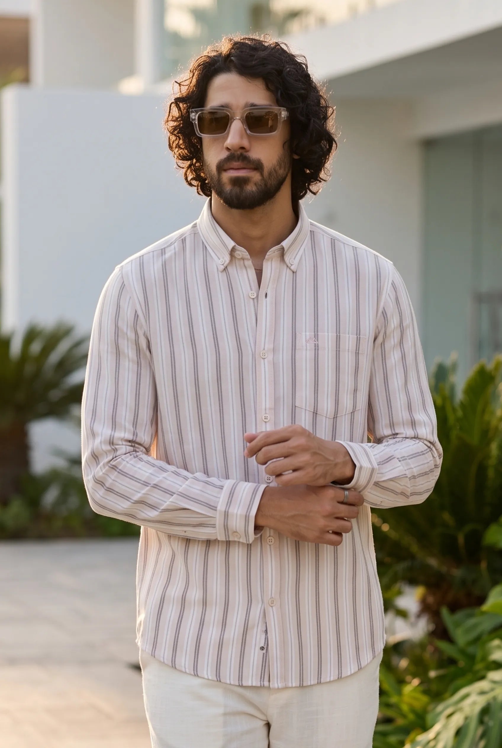 COLOR HUNT Men's Premium Beige Striped Casual Shirt | Full Sleeve Regular Fit