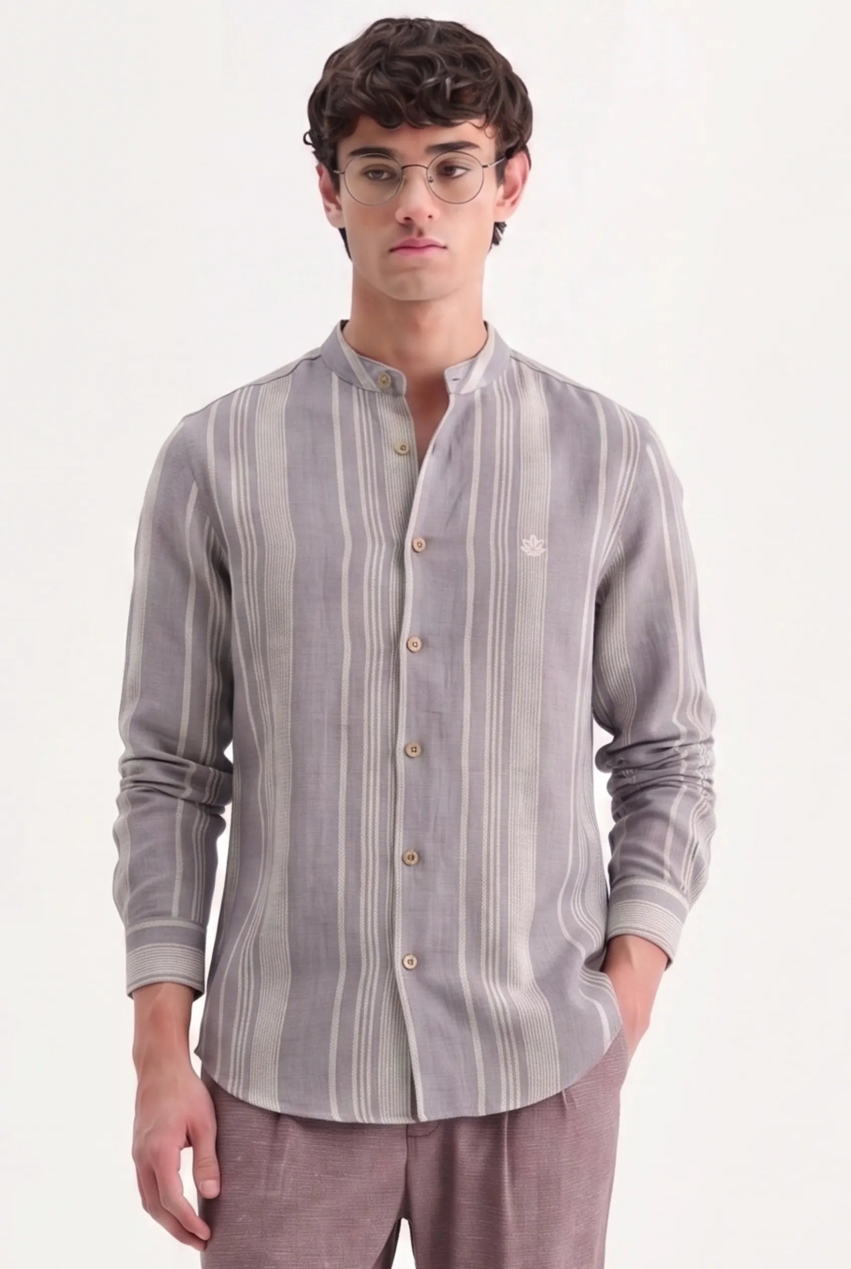 Color Hunt Men's Grey Stripe Mandarin Collar Shirt | Full Sleeve | Regular Fit