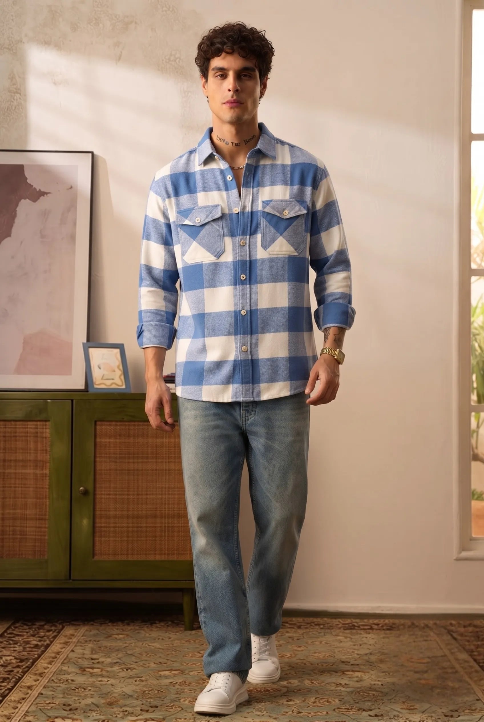 COLOR HUNT Men's Regular Fit Blue Check Casual Cotton Shirt