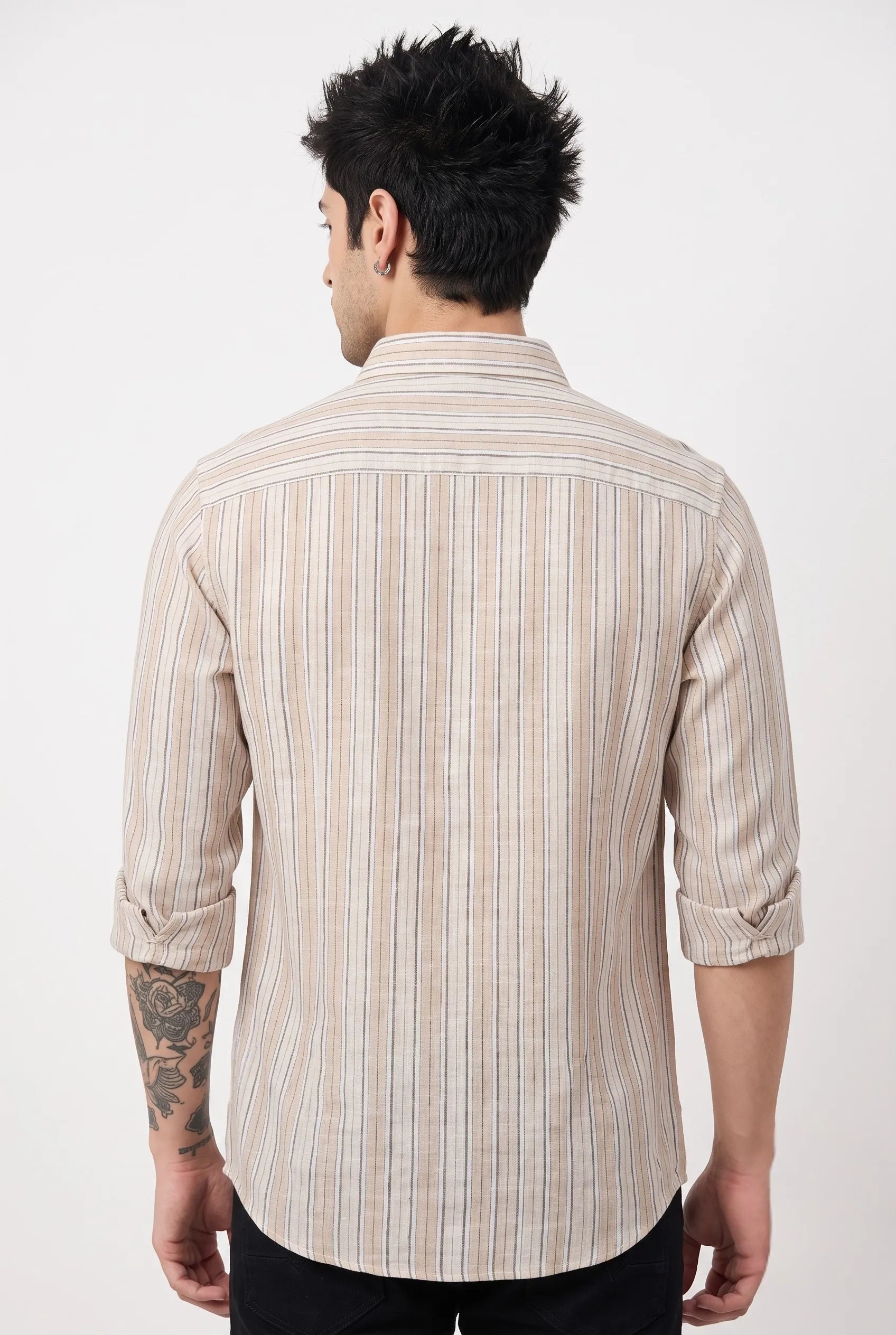 COLOR HUNT Men's Cream & Beige Vertical Stripe Shirt | Regular Fit Casual Wear