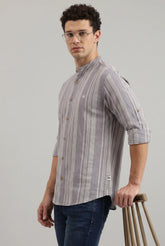 COLOR HUNT Men's Ash Grey Vertical Stripe Shirt | Full Sleeve Mandarin Collor