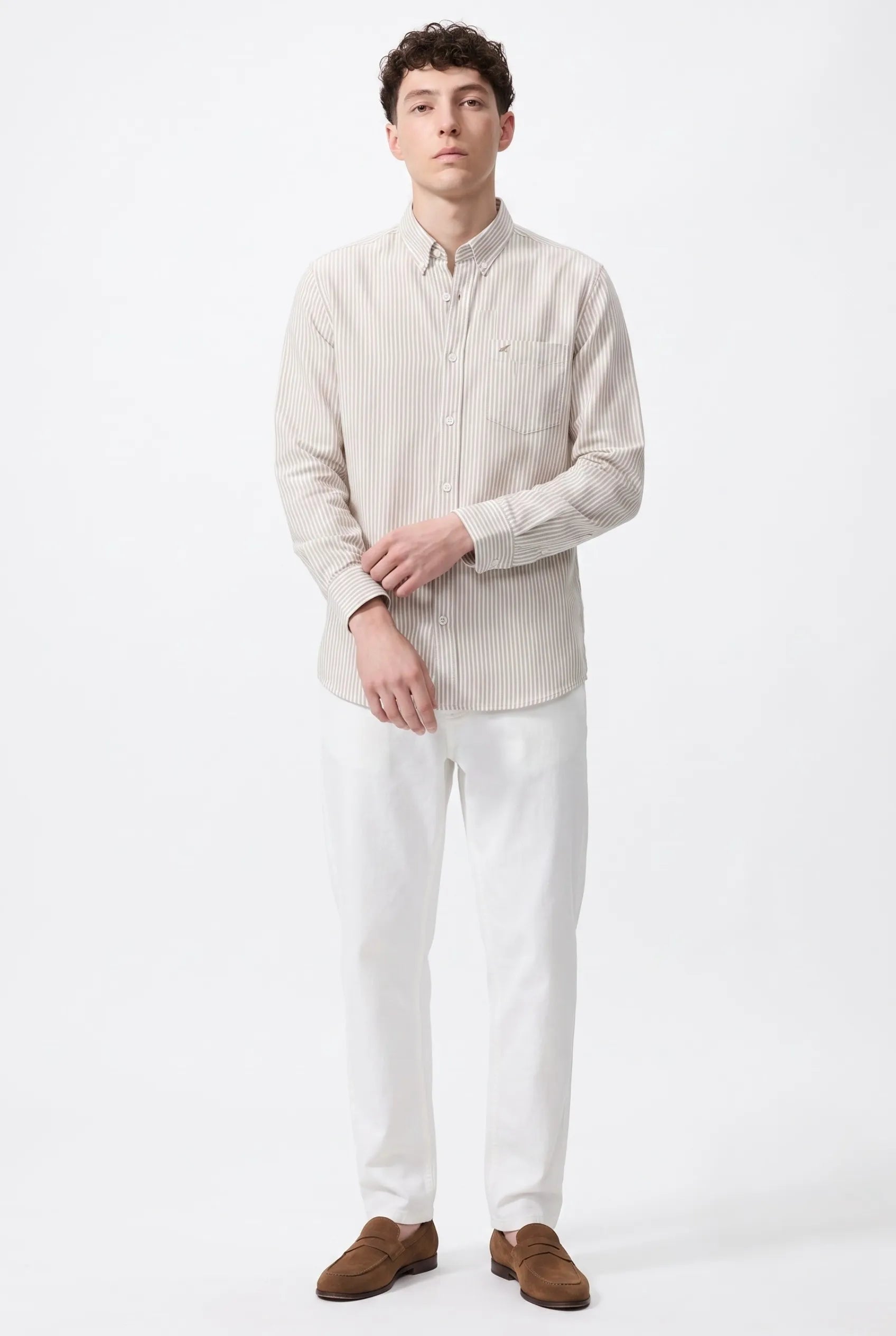 COLOR HUNT Men's Beige Vertical Stripe Casual Shirt | Full Sleeve Regular Fit