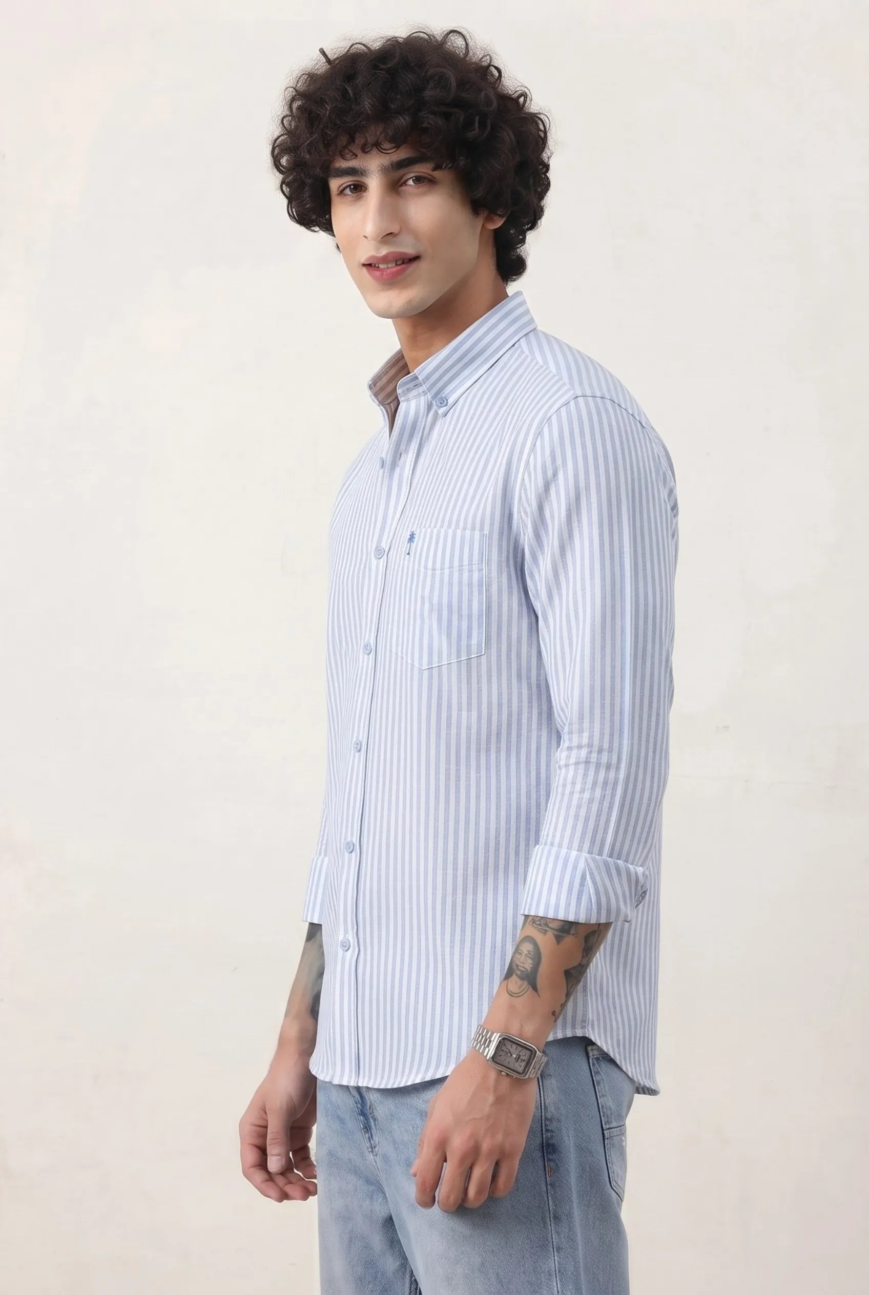 Color Hunt Men's Light Blue Striped Cotton Casual Shirt | Regular Fit Shirt
