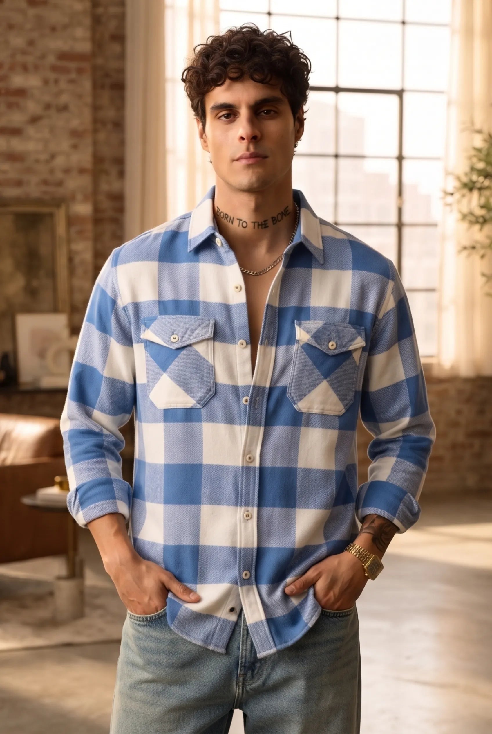 COLOR HUNT Men's Regular Fit Blue Check Casual Cotton Shirt