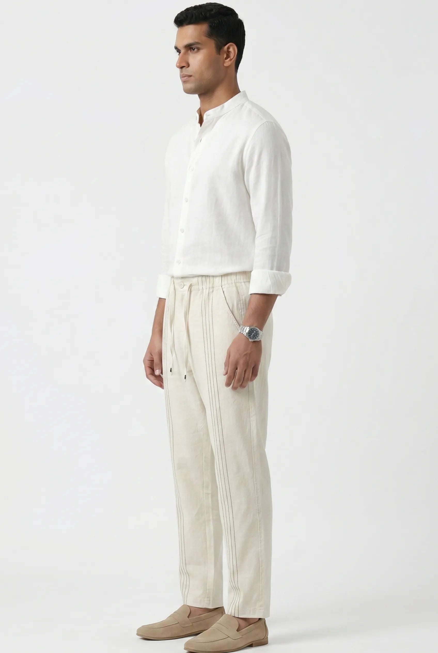Color Hunt Men's Light Cream Pintuck Casual Trousers