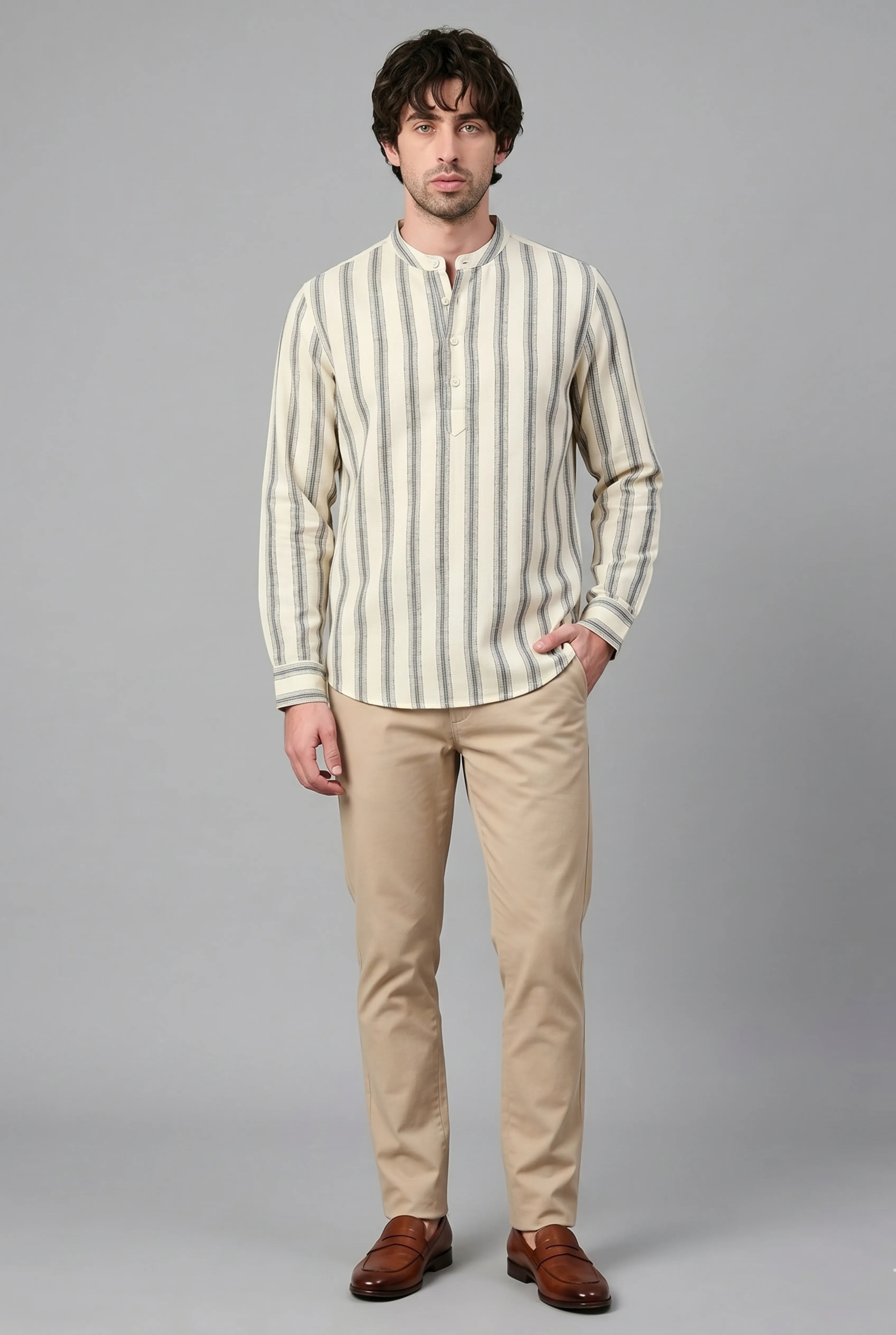 Color Hunt Men's Cream Vertical Stripe Casual Shirt