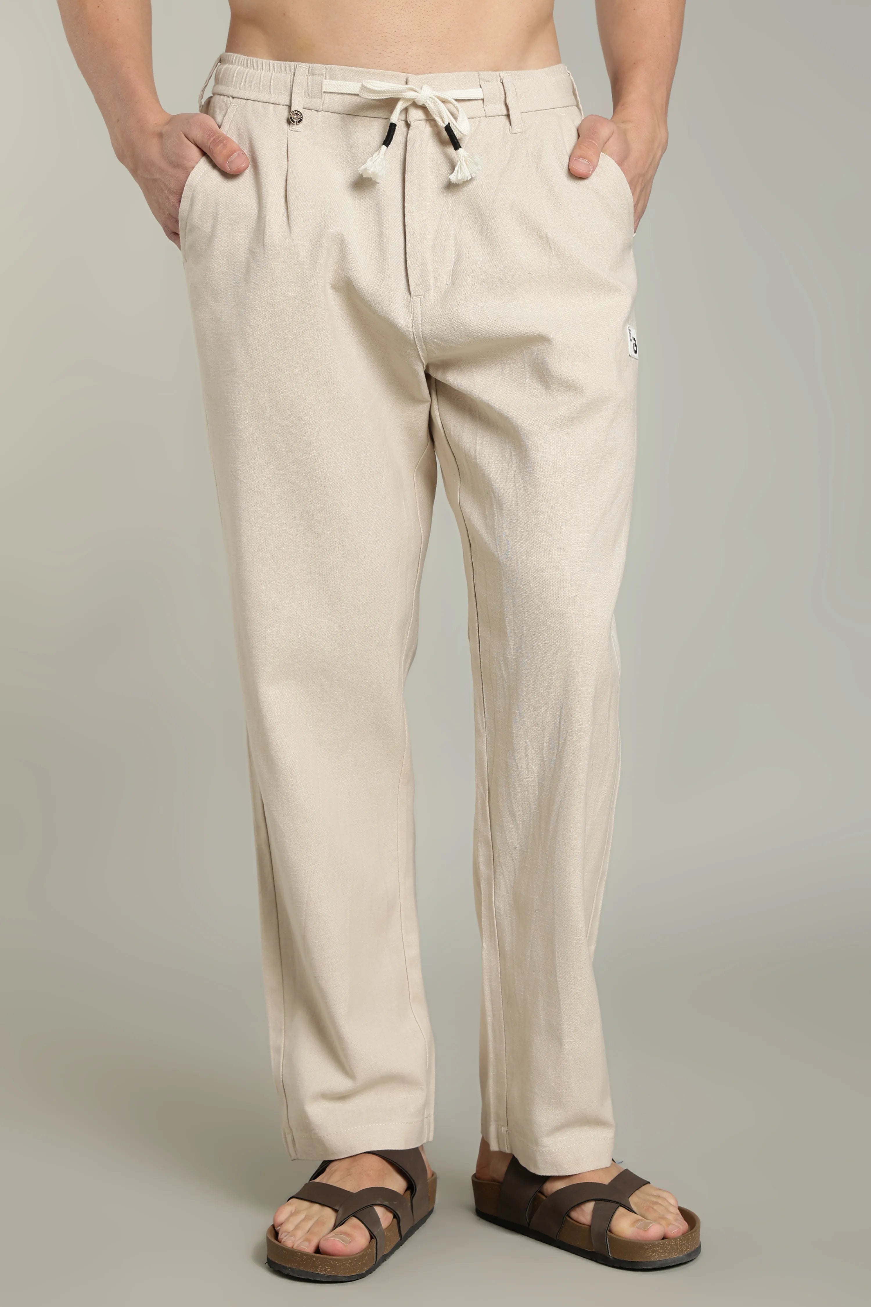 Color Hunt Straight Fit Men Cream Trousers
