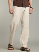 Color Hunt Straight Fit Men Cream Trousers