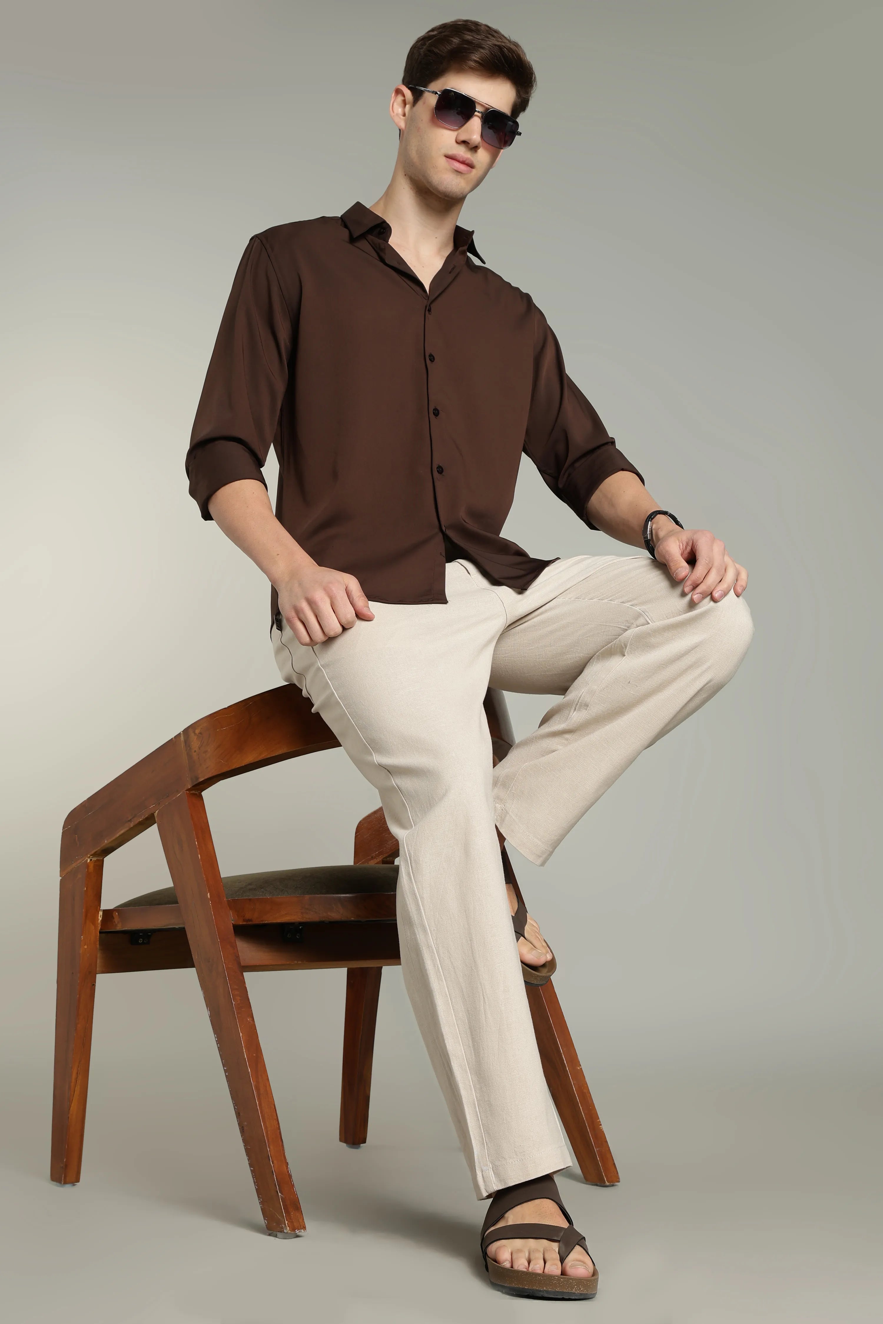 Color Hunt Straight Fit Men Cream Trousers