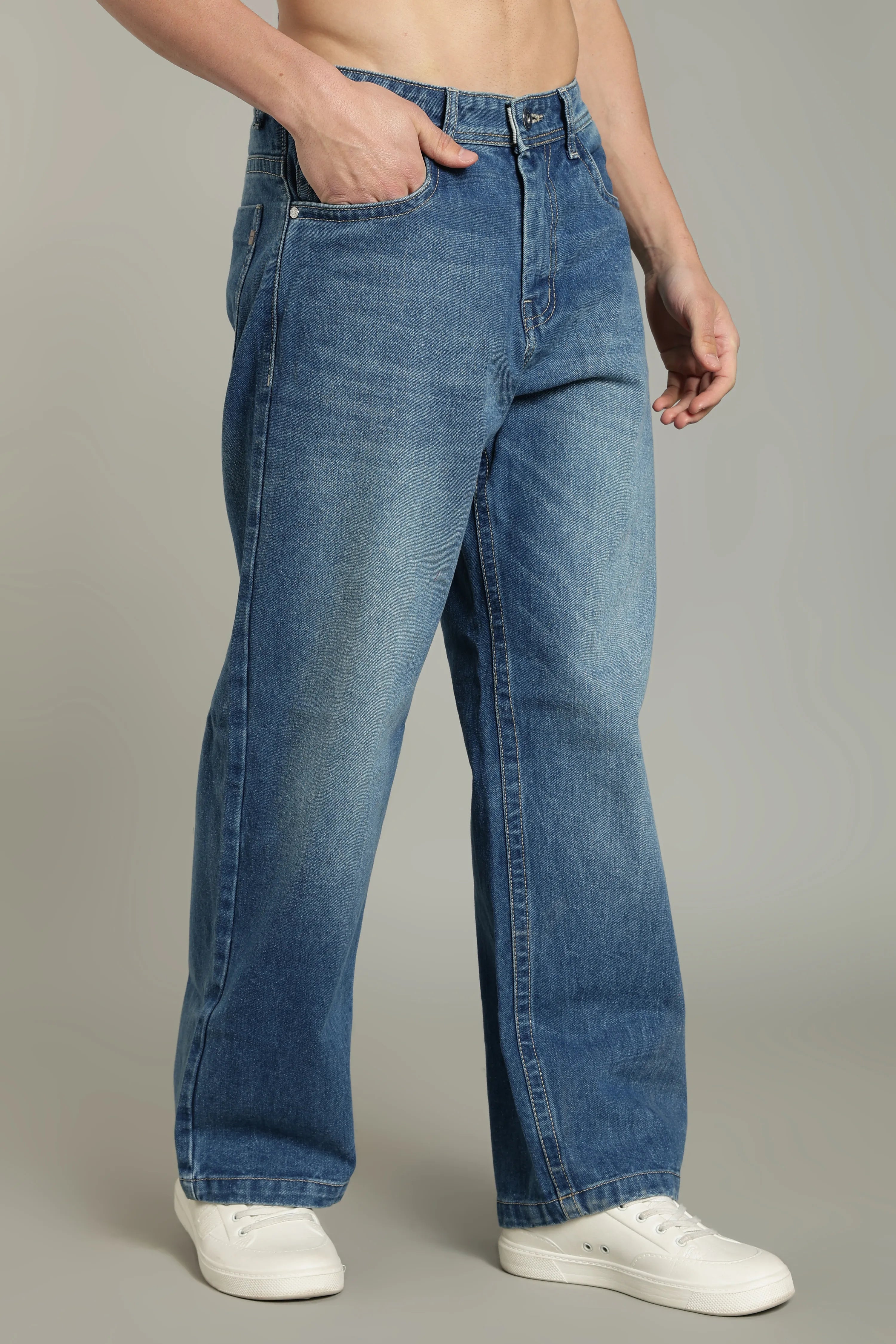 Color Hunt Men's Mid-Wash Baggy Fit Denim Jeans