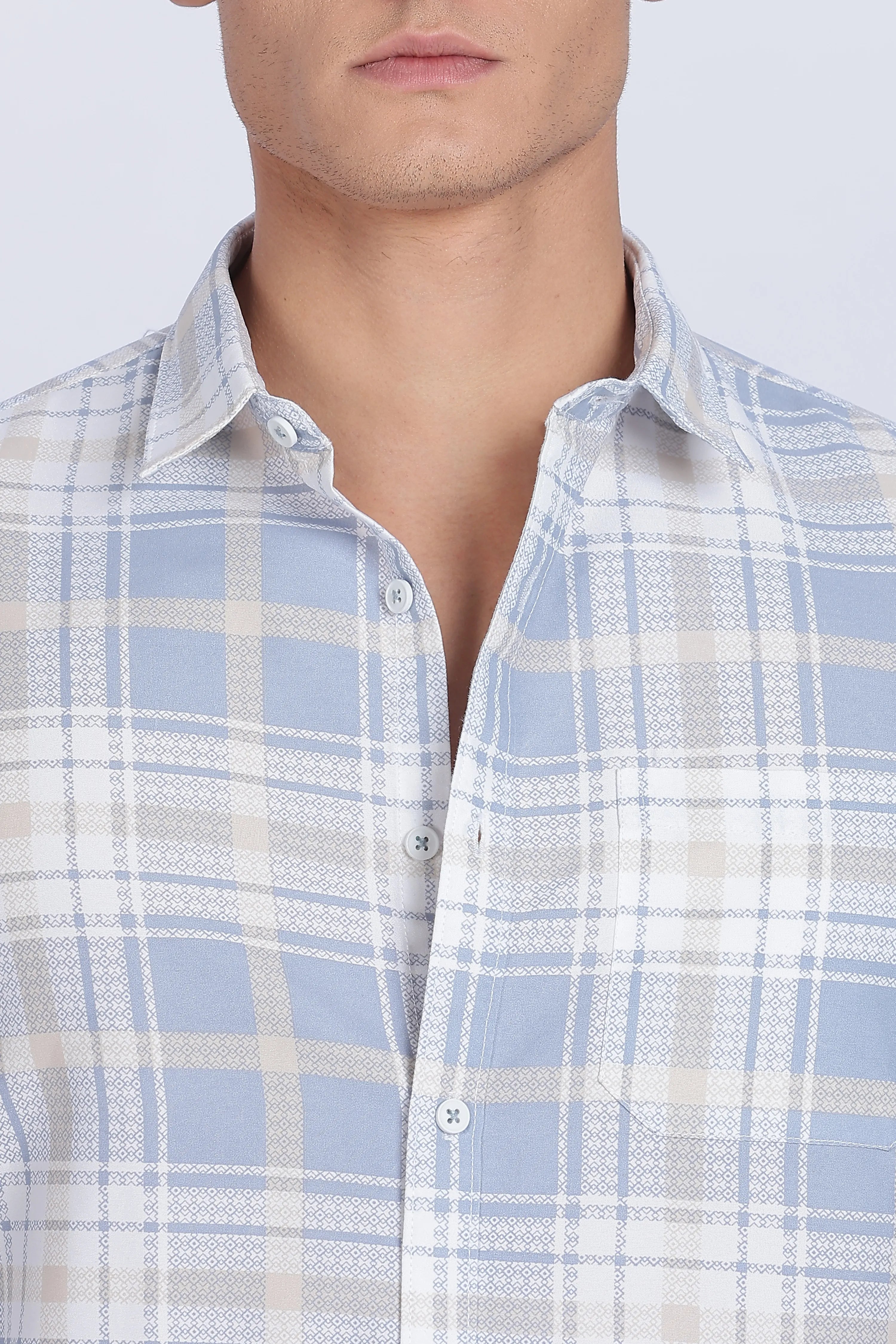 Color Hunt Men's White & Blue Checked Full Sleeve Cotton Shirt