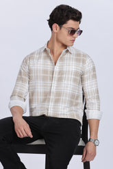 Color Hunt Men's White & Brown Checked Full Sleeve Cotton Shirt