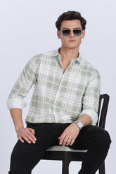 Color Hunt Men's White & Green Full Sleeve Cotton Checkered Shirt