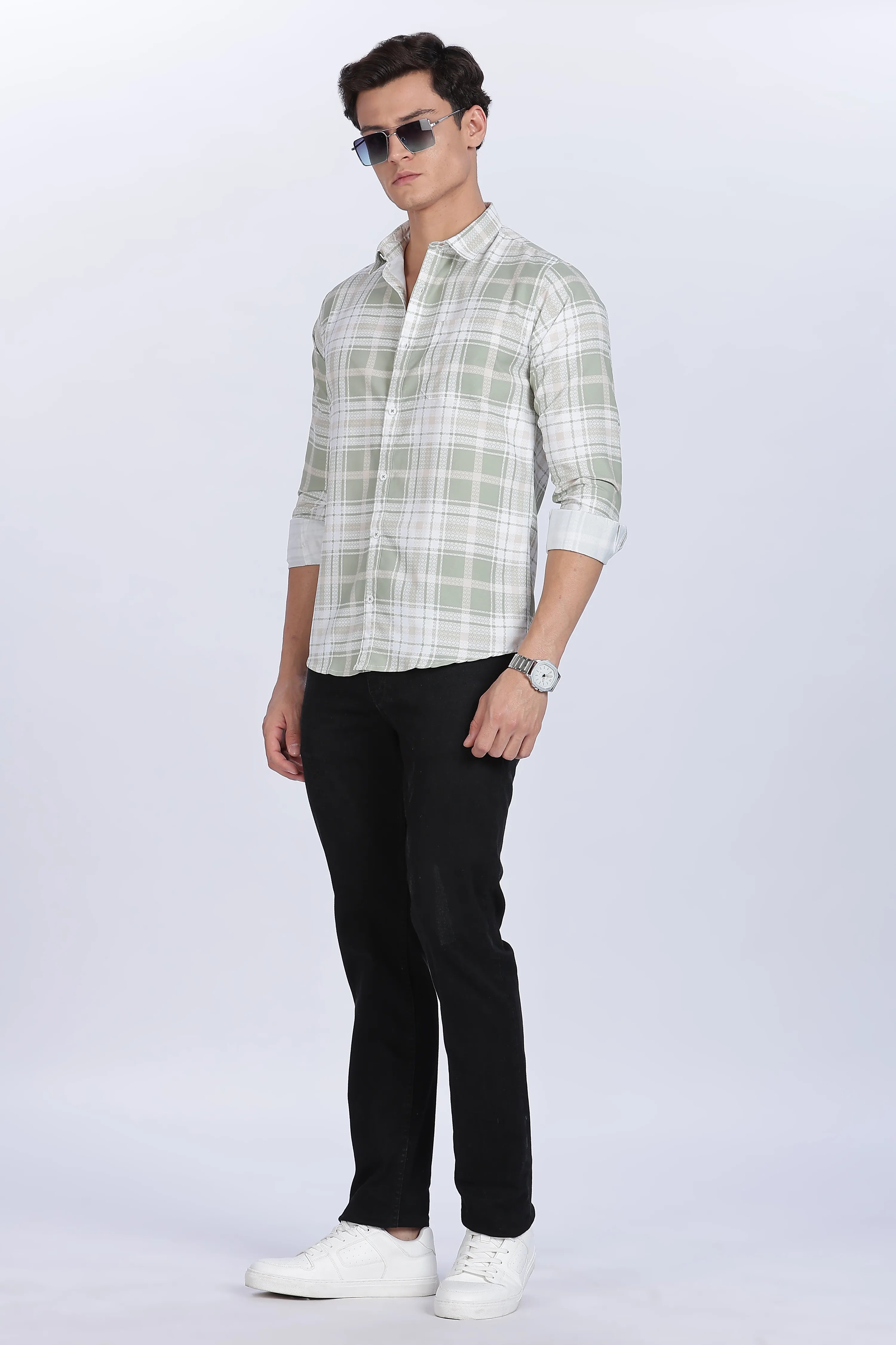 Color Hunt Men's White & Green Full Sleeve Cotton Checkered Shirt
