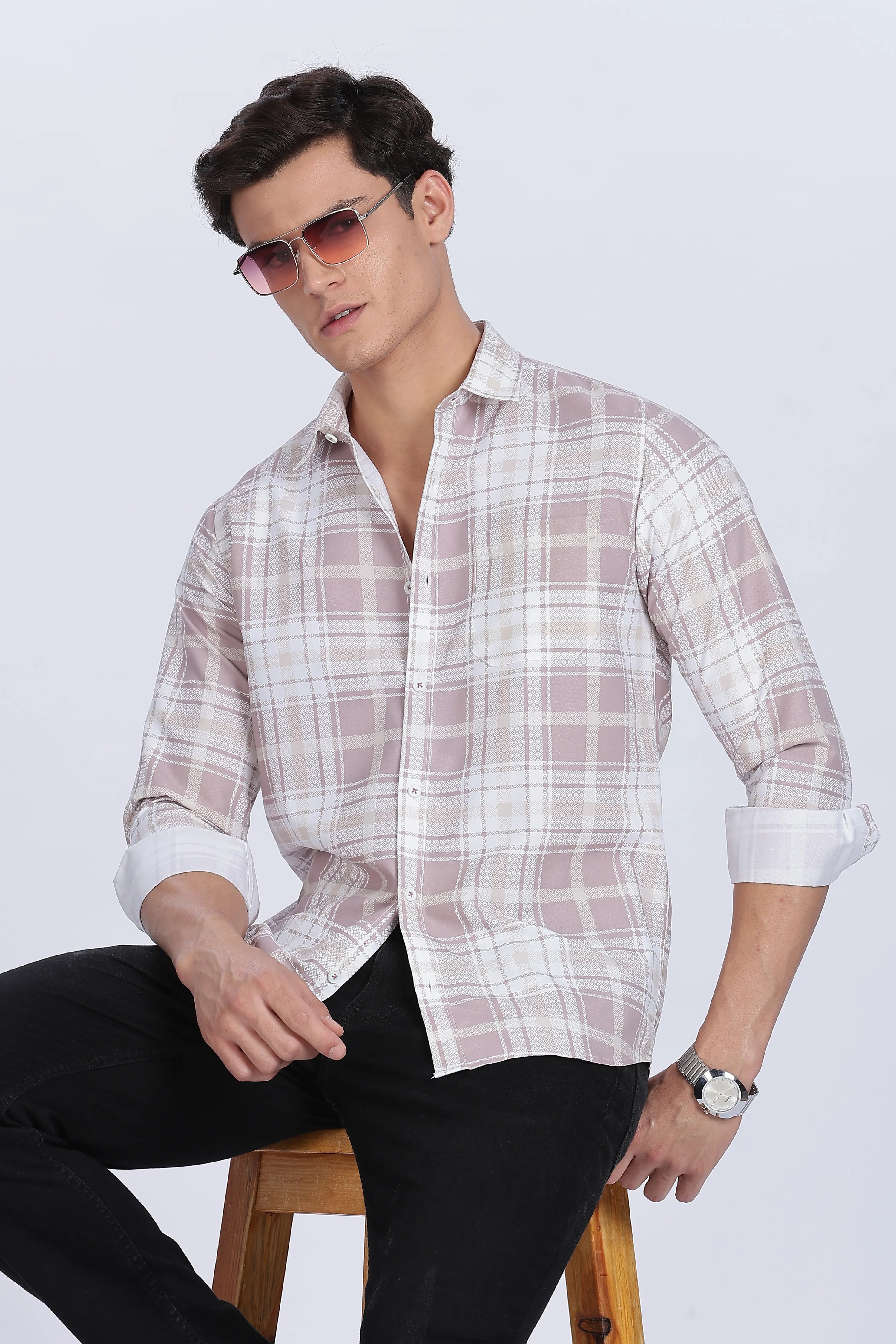 Color Hunt Men's White & Pink Full Sleeve Cotton Checks Shirt